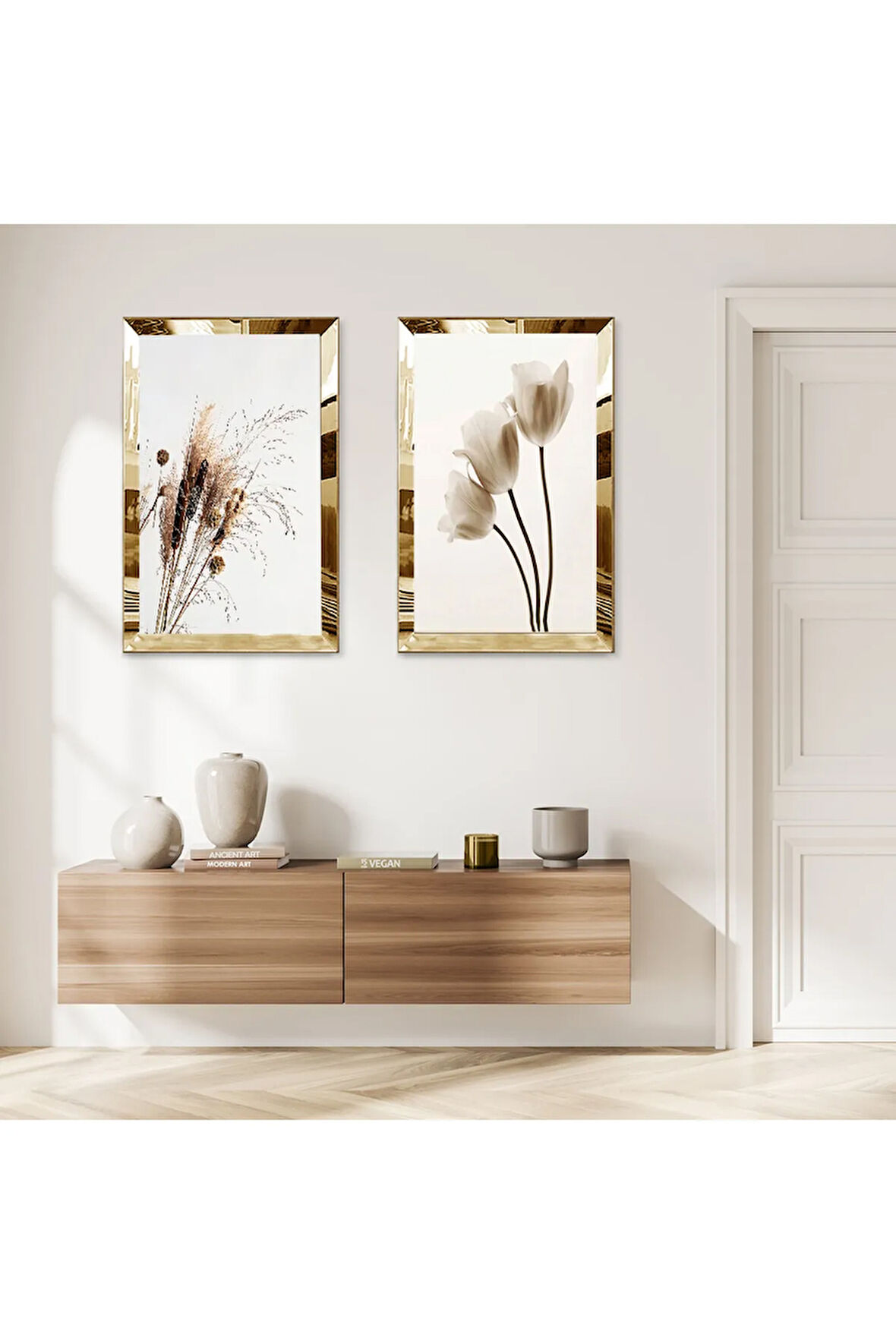 GOLD AYNALI PLEKSİ ÇERÇEVELİ BEYAZ ARKA PLANLI BEYAZ GÜLLER VE BİTKİLER İKİLİ MDF TABLO SETİ