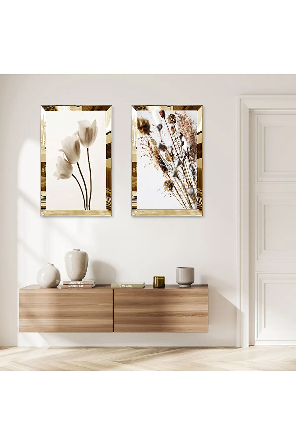 GOLD AYNALI PLEKSİ ÇERÇEVELİ BEYAZ ARKA PLANLI BİTKİLER İKİLİ MDF TABLO SETİ