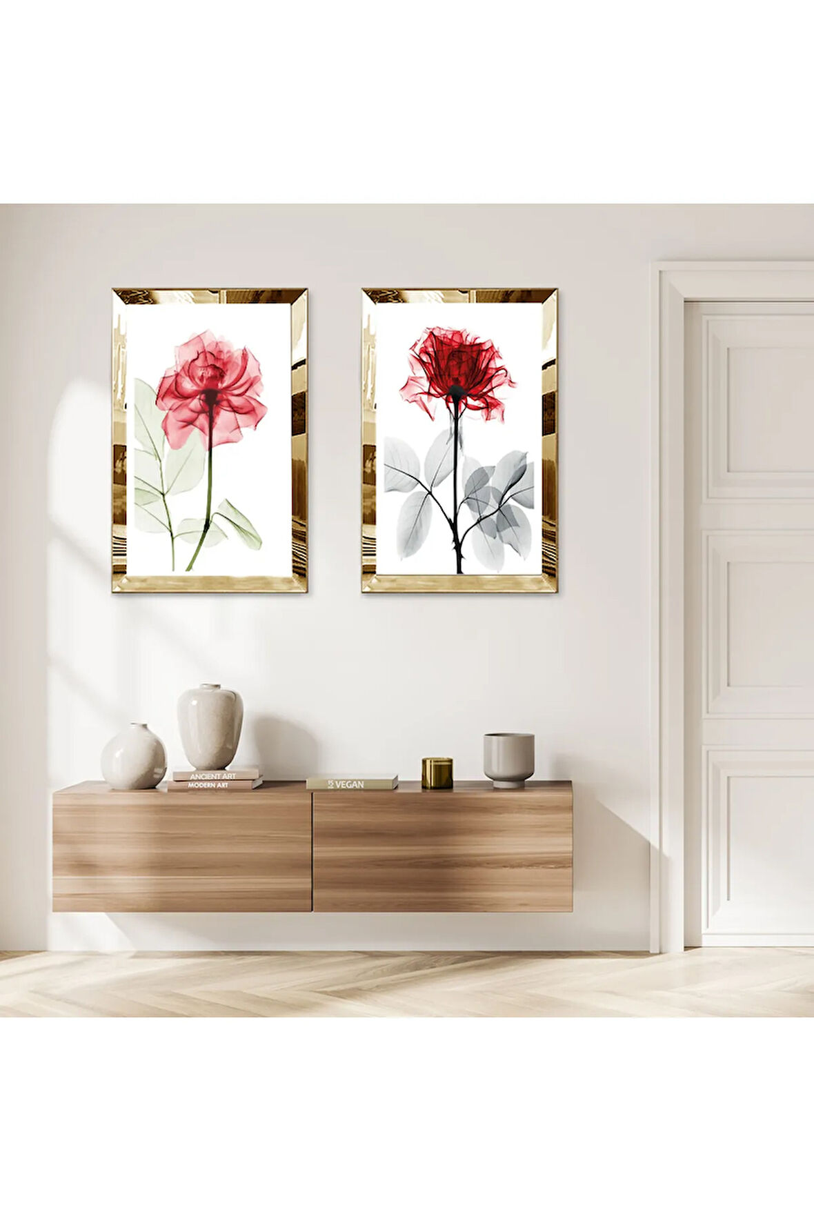 GOLD AYNALI PLEKSİ ÇERÇEVELİ BEYAZ ARKA PLANLI KIRMIZI VE PEMBE GÜLLER İKİLİ MDF TABLO SETİ