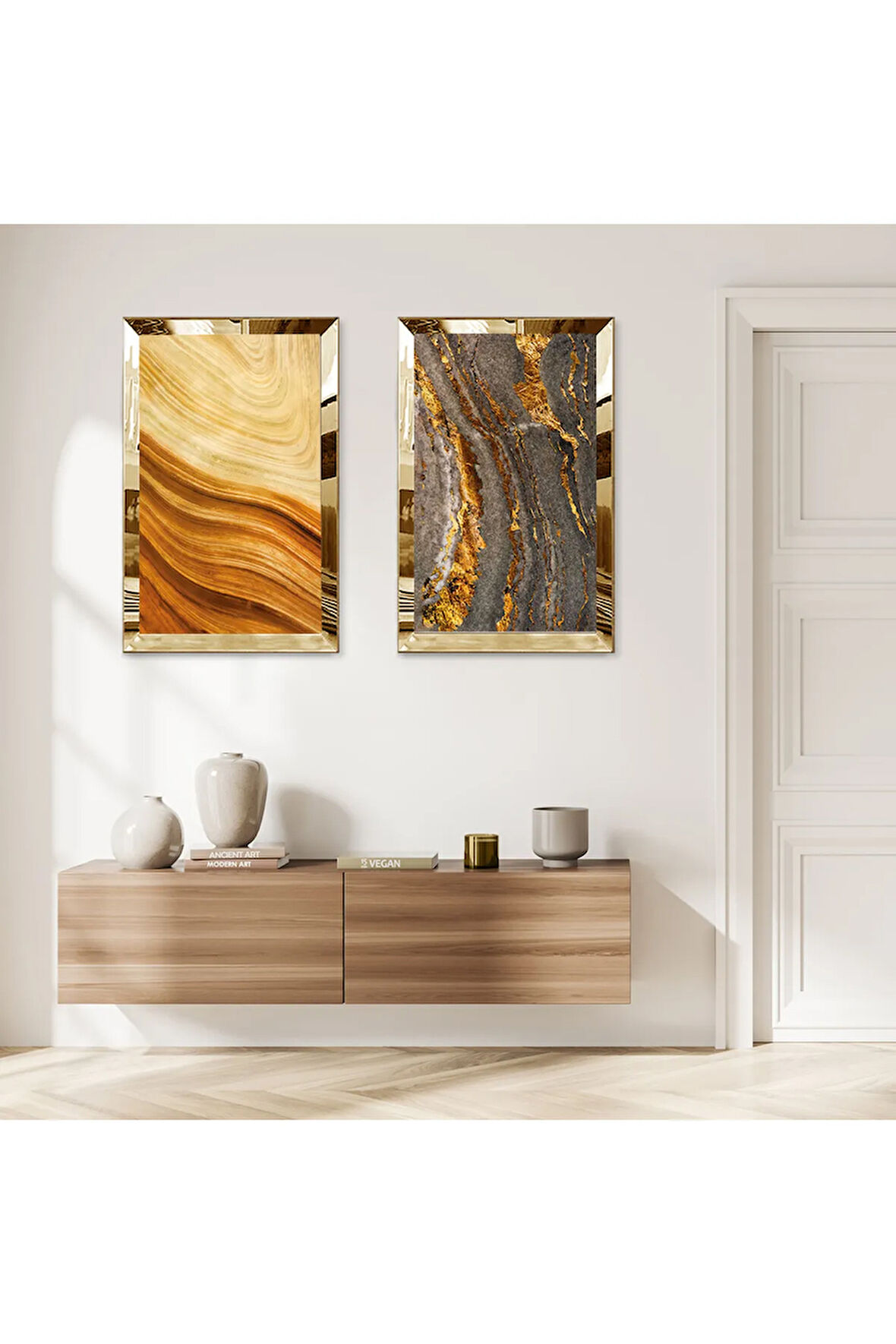 GOLD AYNALI PLEKSİ ÇERÇEVELİ GRİ ALTIN SOYUT DESENLİ VE ALTIN KUM DESENLİ İKİLİ MDF TABLO SETİ
