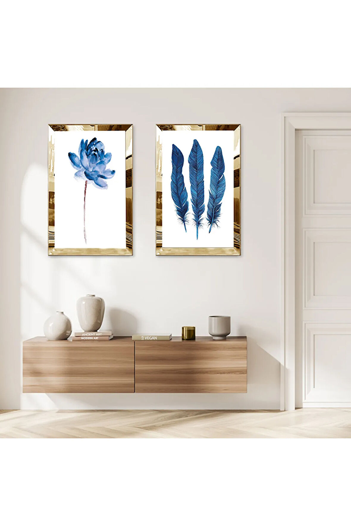 GOLD AYNALI PLEKSİ ÇERÇEVELİ BEYAZ ARKA PLANLI MAVİ ÇİÇEK VE MAVİ TÜYLER İKİLİ MDF TABLO SETİ
