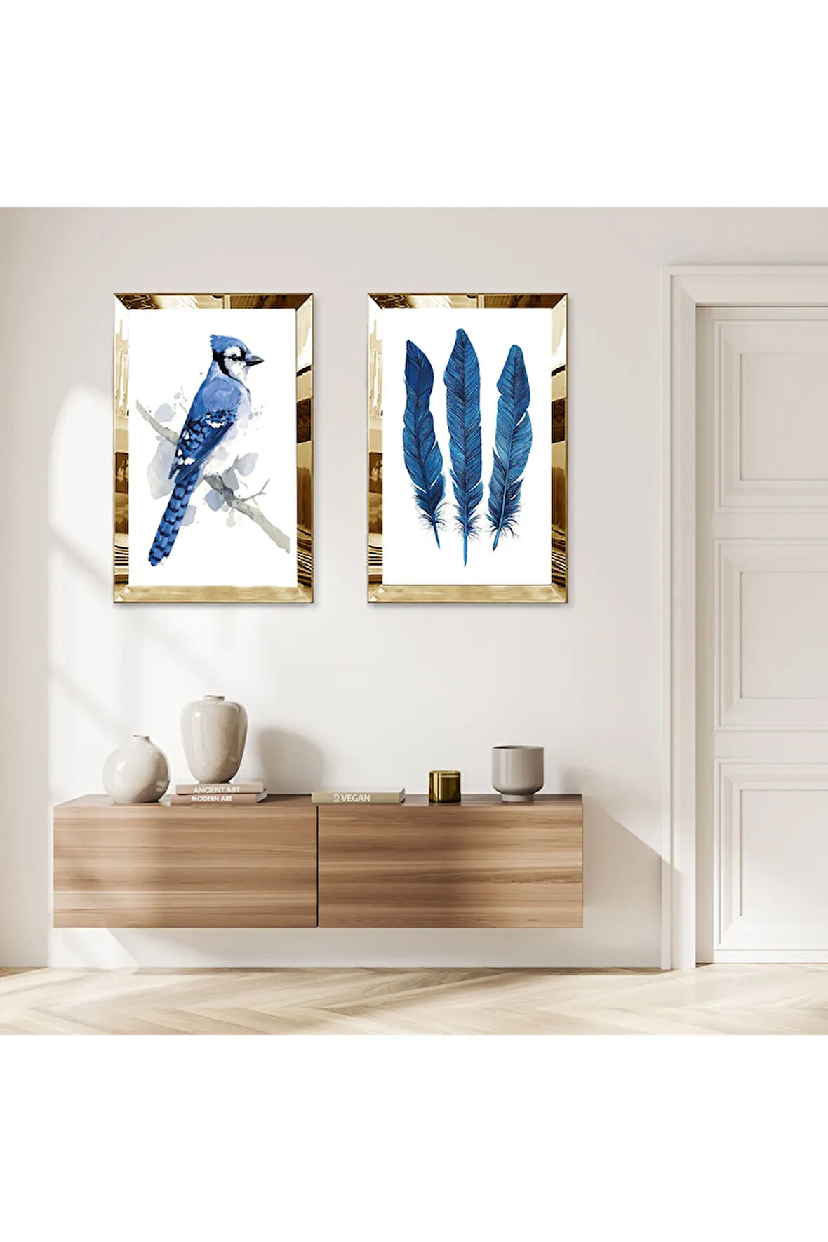 GOLD AYNALI PLEKSİ ÇERÇEVELİ BEYAZ ARKA PLANLI MAVİ KUŞ VE MAVİ TÜYLER İKİLİ MDF TABLO SETİ