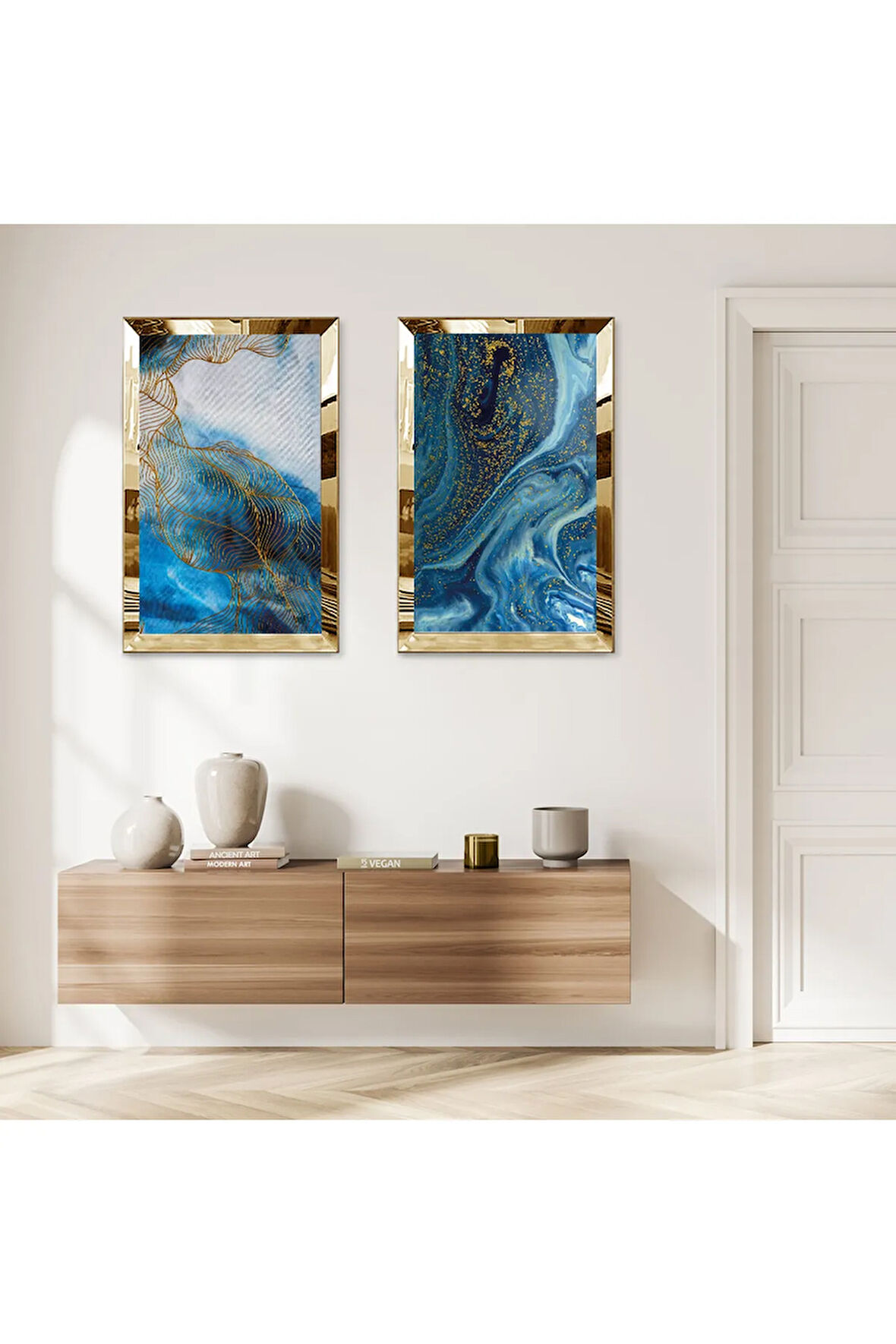 GOLD AYNALI PLEKSİ ÇERÇEVELİ MAVİ ÜZERİ ALTIN DESENLİ İKİLİ MDF TABLO SETİ