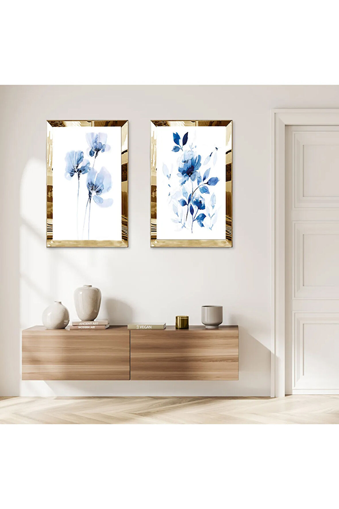 GOLD AYNALI PLEKSİ ÇERÇEVELİ BEYAZ ARKA PLANLI MAVİ ÇİÇEKLER İKİLİ MDF TABLO SETİ