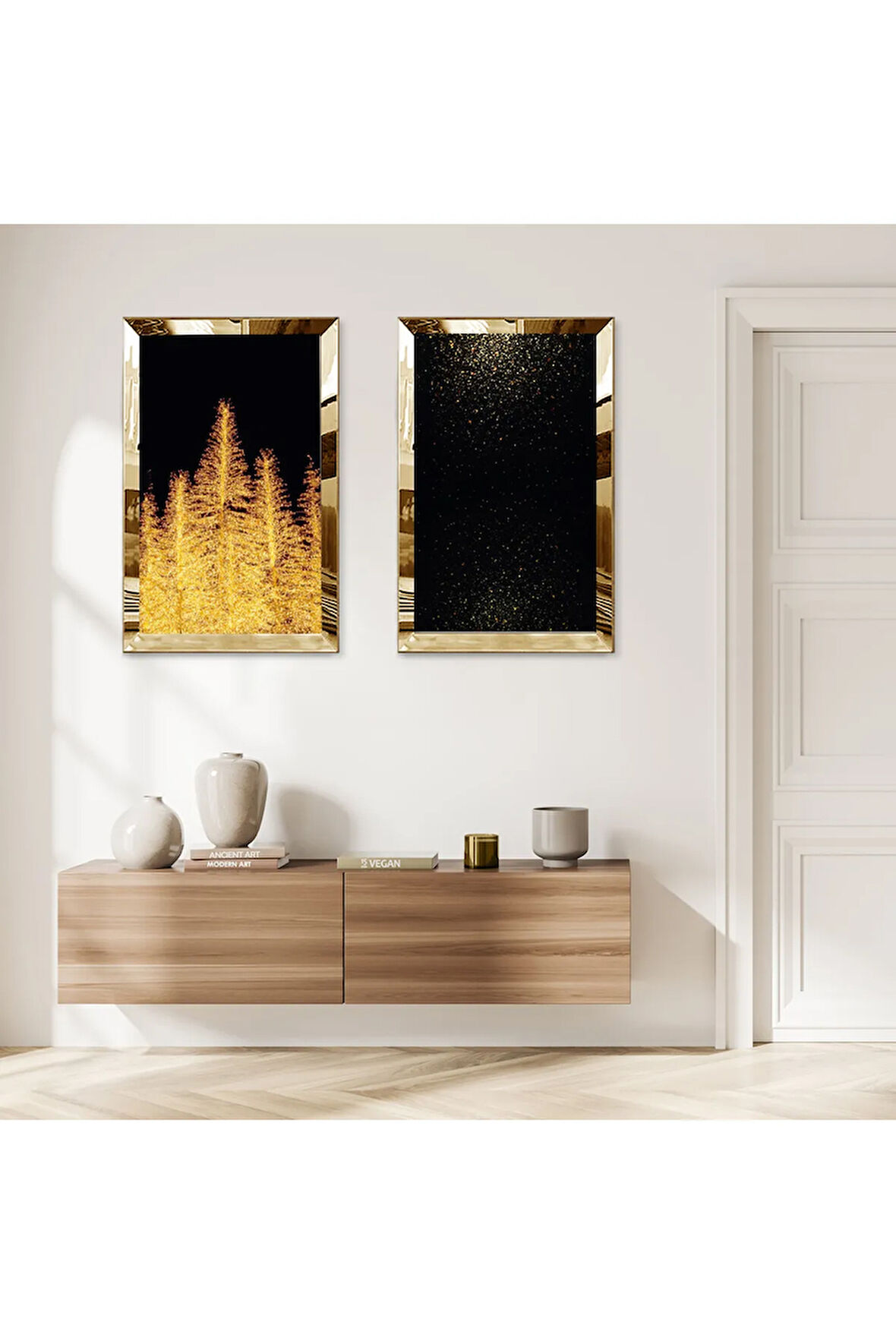GOLD AYNALI PLEKSİ ÇERÇEVELİ SİYAH ARKA PLANLI ALTIN AĞAÇLAR VE ALTIN PIRILTILI İKİLİ MDF TABLO SETİ