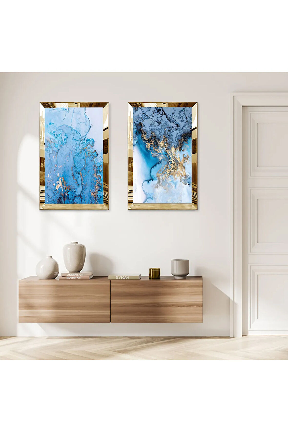 GOLD AYNALI PLEKSİ ÇERÇEVELİ MAVİ ÜZERİ ALTIN PÜSKÜRTMELİ İKİLİ MDF TABLO SETİ