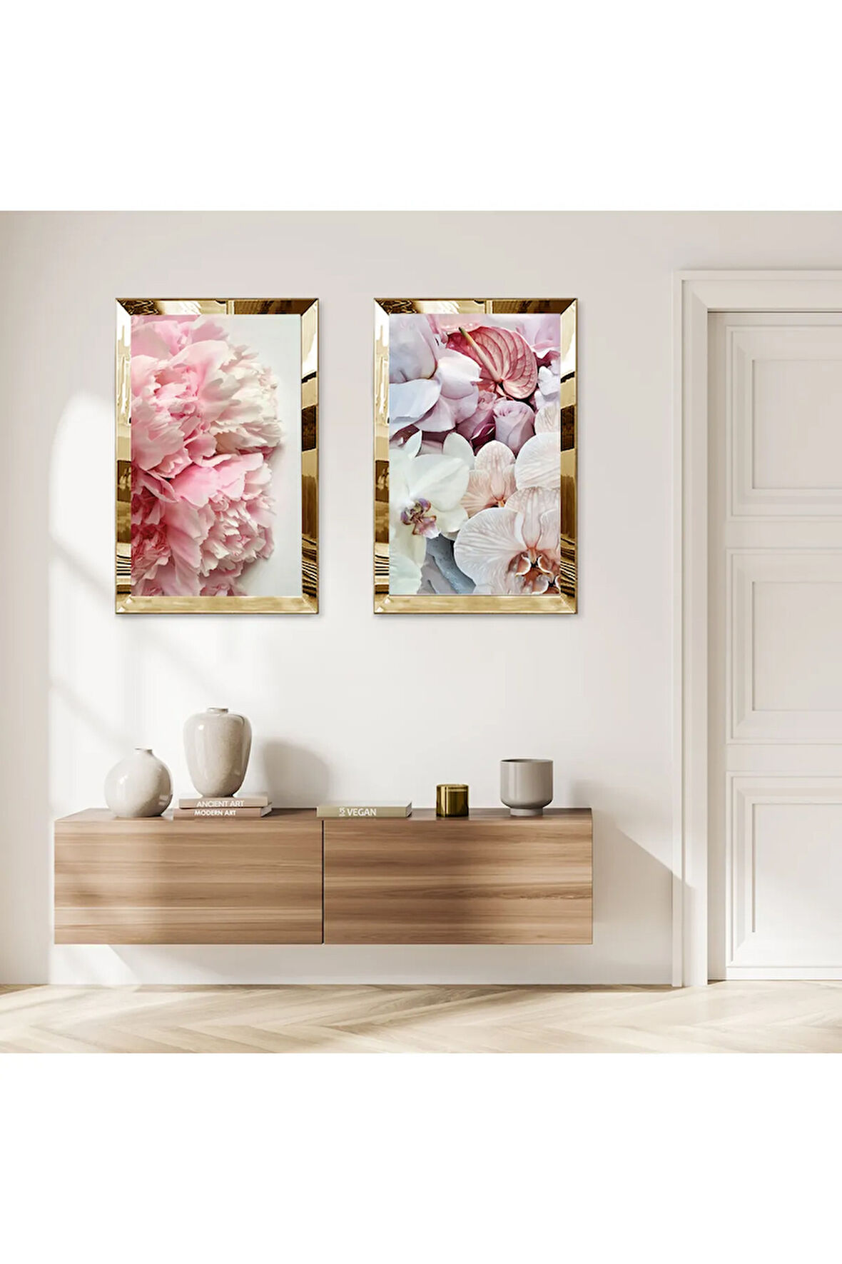 GOLD AYNALI PLEKSİ ÇERÇEVELİ BEYAZ VE PEMBE ÇİÇEKLER İKİLİ MDF TABLO SETİ