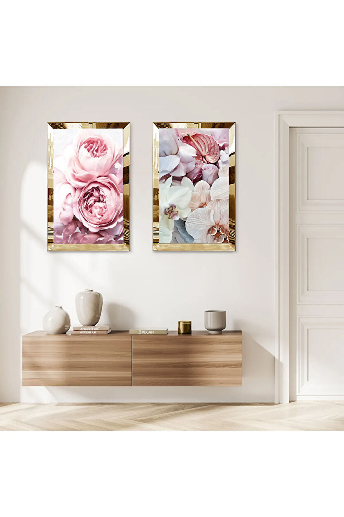 GOLD AYNALI PLEKSİ ÇERÇEVELİ BEYAZ PEMBE ÇİÇEKLER VE GÜLLER İKİLİ MDF TABLO SETİ
