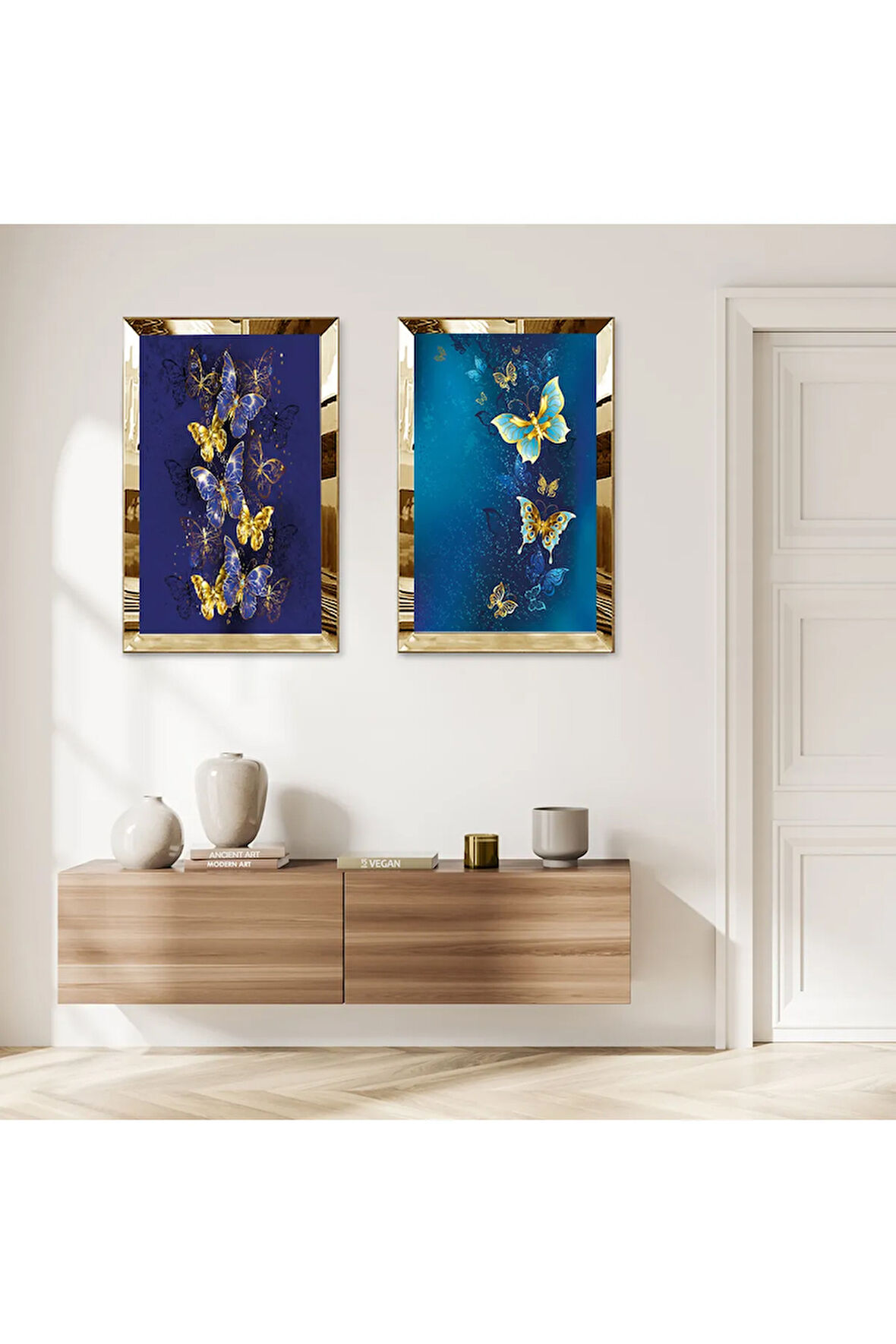 GOLD AYNALI PLEKSİ ÇERÇEVELİ MAVİ VE MOR ARKA PLANLI RENKLİ KELEBEKLER İKİLİ MDF TABLO SETİ