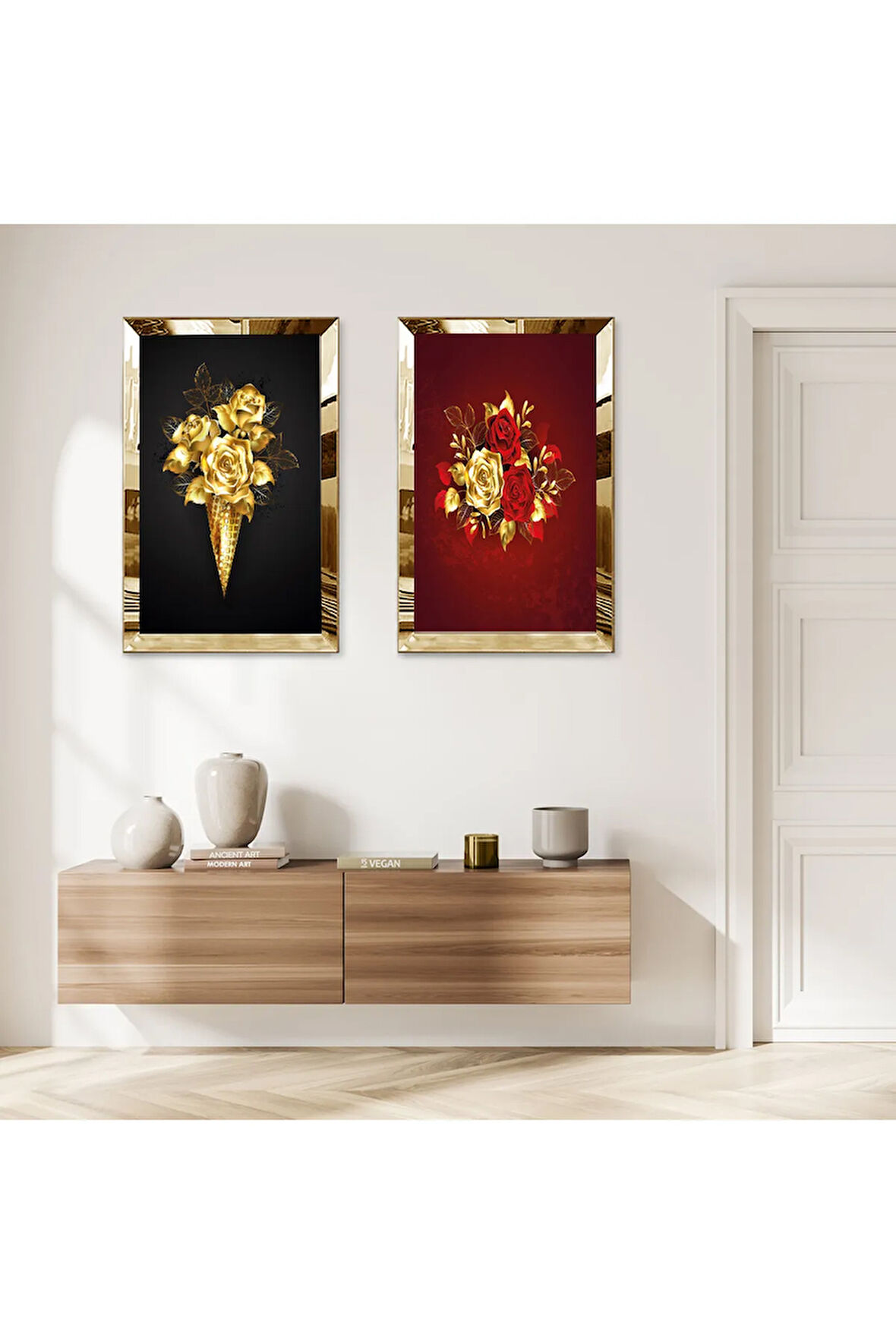 GOLD AYNALI PLEKSİ ÇERÇEVELİ ALTIN KIRMIZI GÜL BUKETLERİ İKİLİ MDF TABLO SETİ