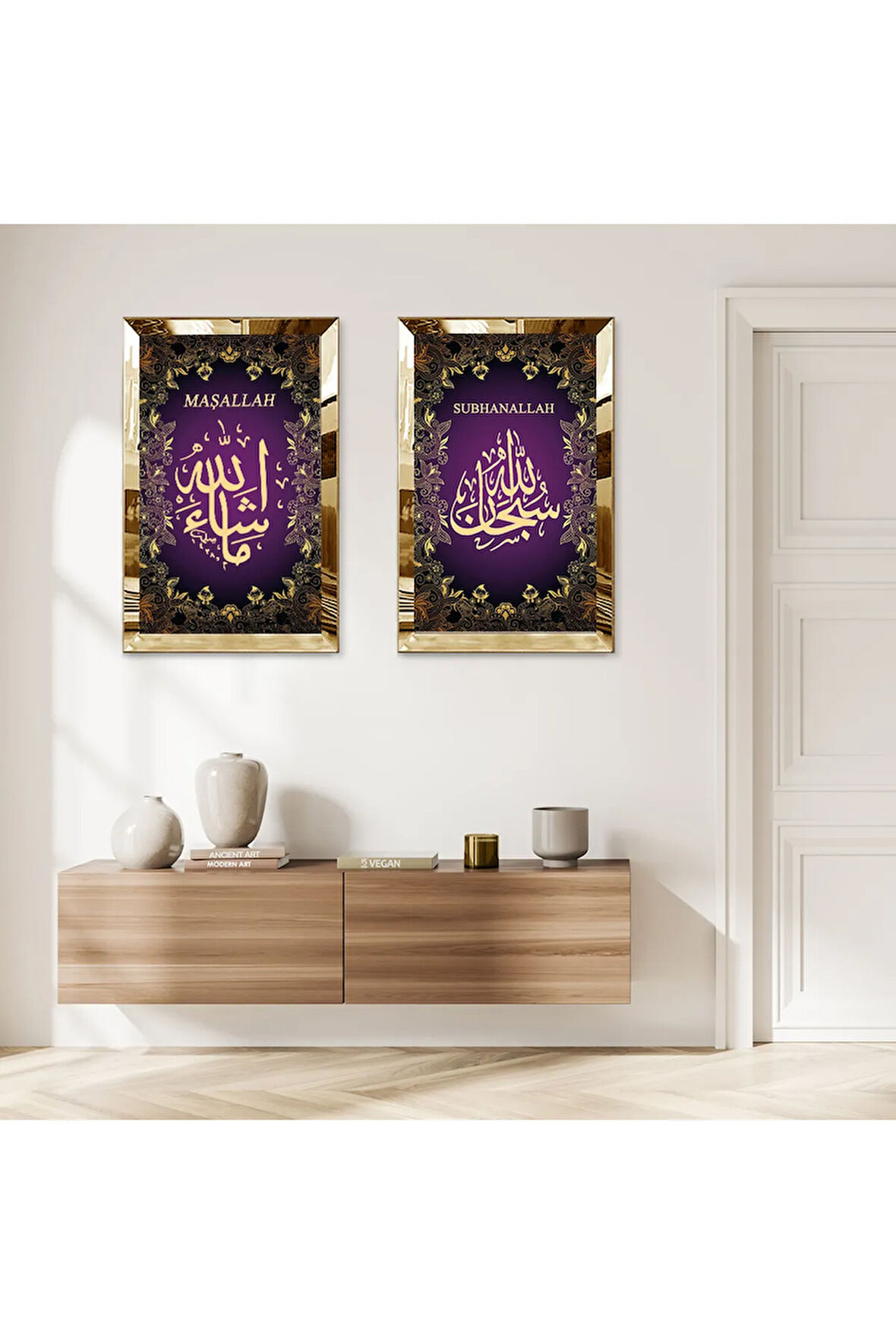 GOLD AYNALI PLEKSİ ÇERÇEVELİ MOR ARKA PLANLI MAŞALLAH VE SUBHANALLAH DİNİ İKİLİ MDF TABLO SETİ