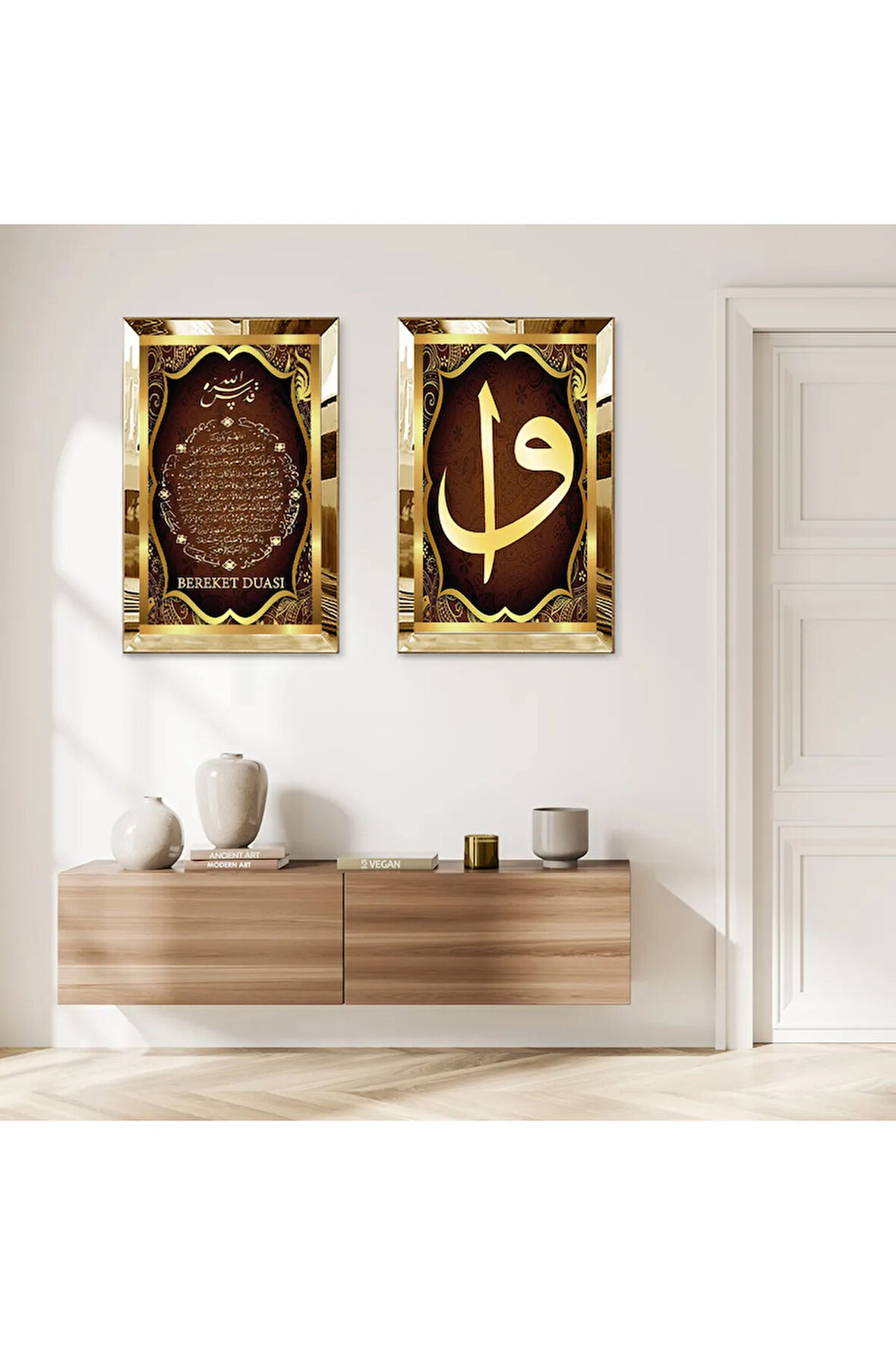 GOLD AYNALI PLEKSİ ÇERÇEVELİ BEREKET DUASI VE ELİF VAV HARFİ DİNİ İKİLİ MDF TABLO SETİ