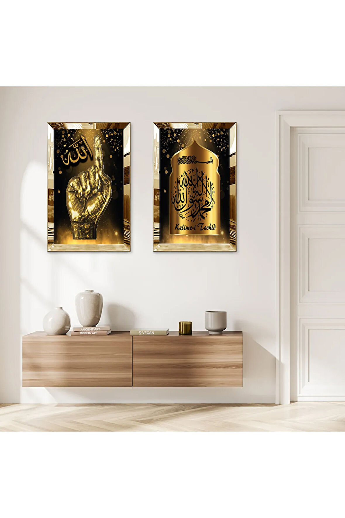 GOLD AYNALI PLEKSİ ÇERÇEVELİ ALLAH LAFZI TEKBİR VE KELİME-İ TEVHİD İKİLİ MDF TABLO SETİ