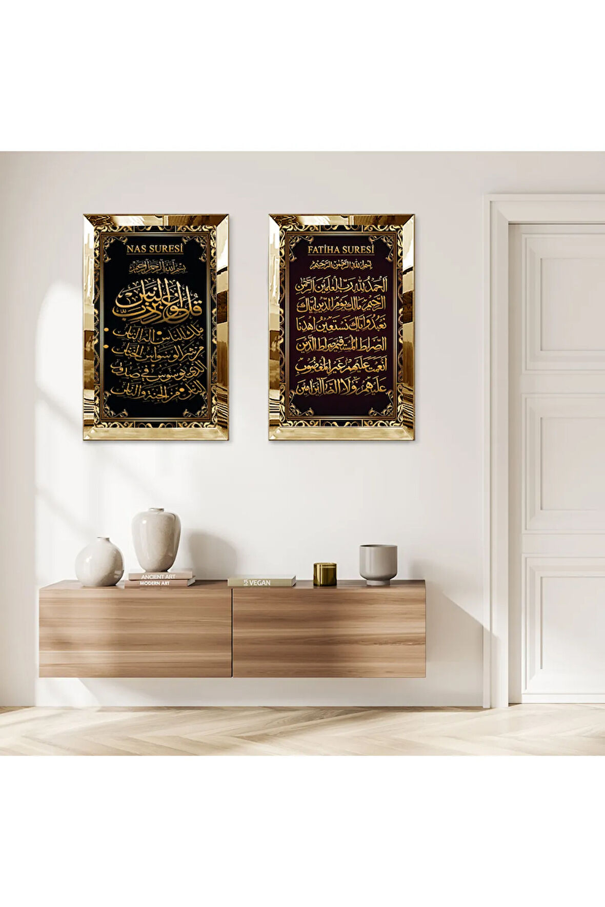 GOLD AYNALI PLEKSİ ÇERÇEVELİ NAS SURESİ VE FATİHA SURESİ DİNİ İKİLİ MDF TABLO SETİ