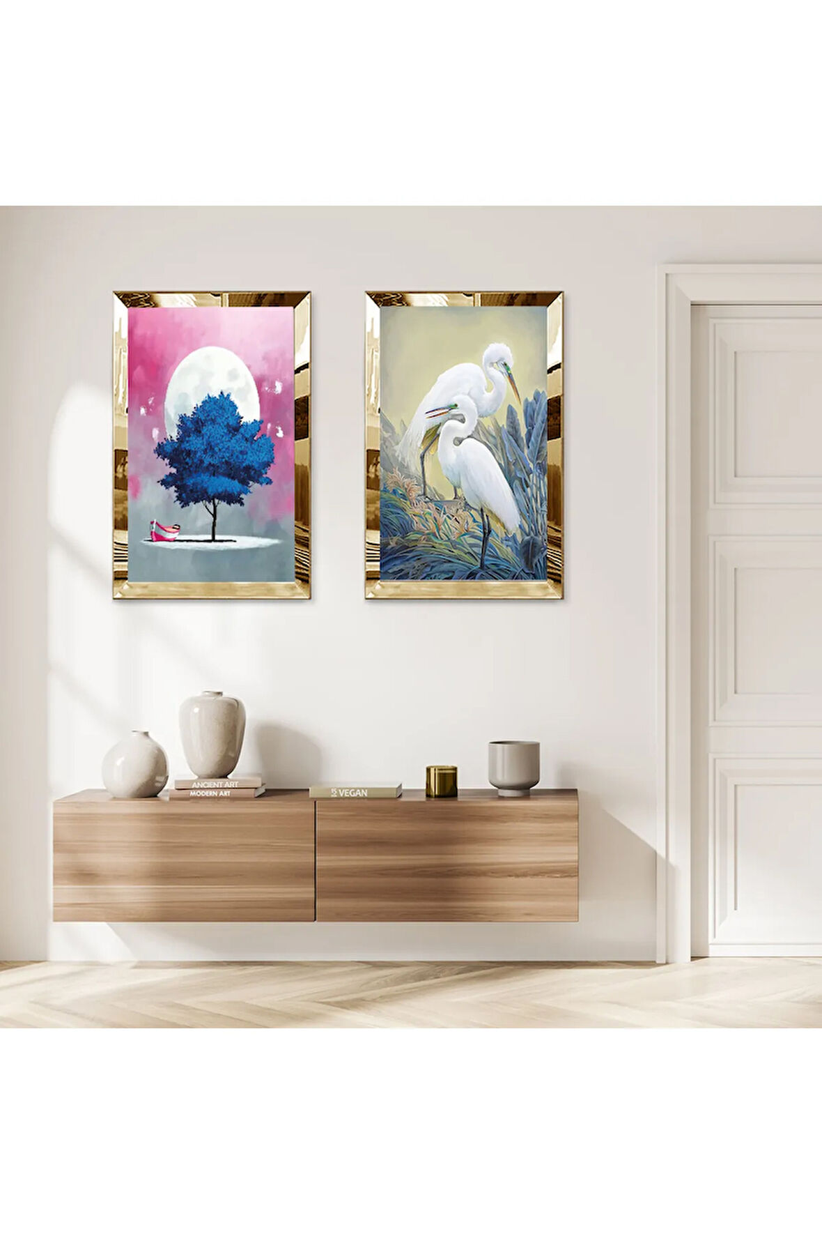 GOLD AYNALI PLEKSİ ÇERÇEVELİ BEYAZ LEYLEKLER VE DOLUNAY ARKA PLANLI MAVİ AĞAÇ İKİLİ MDF TABLO SETİ
