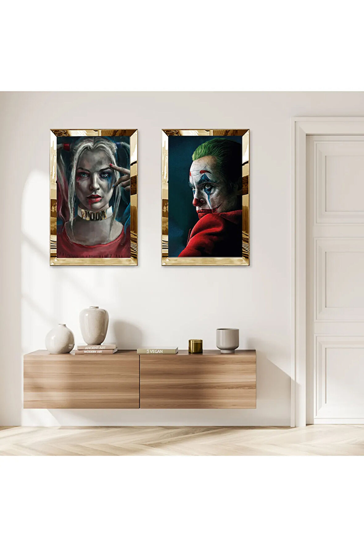 GOLD AYNALI PLEKSİ ÇERÇEVELİ YEŞİL SAÇLI JOKER VE HARLEY QUİN İKİLİ MDF TABLO SETİ