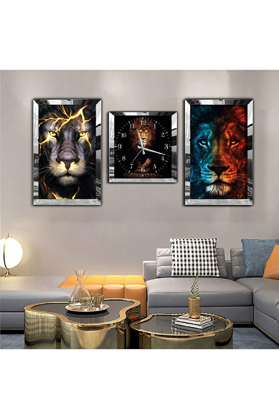 Gold Aynalı Pleksi Çerçeveli Aslan Aynalı Li Üçlü Mdf Tablo Seti Ve Saat Seti