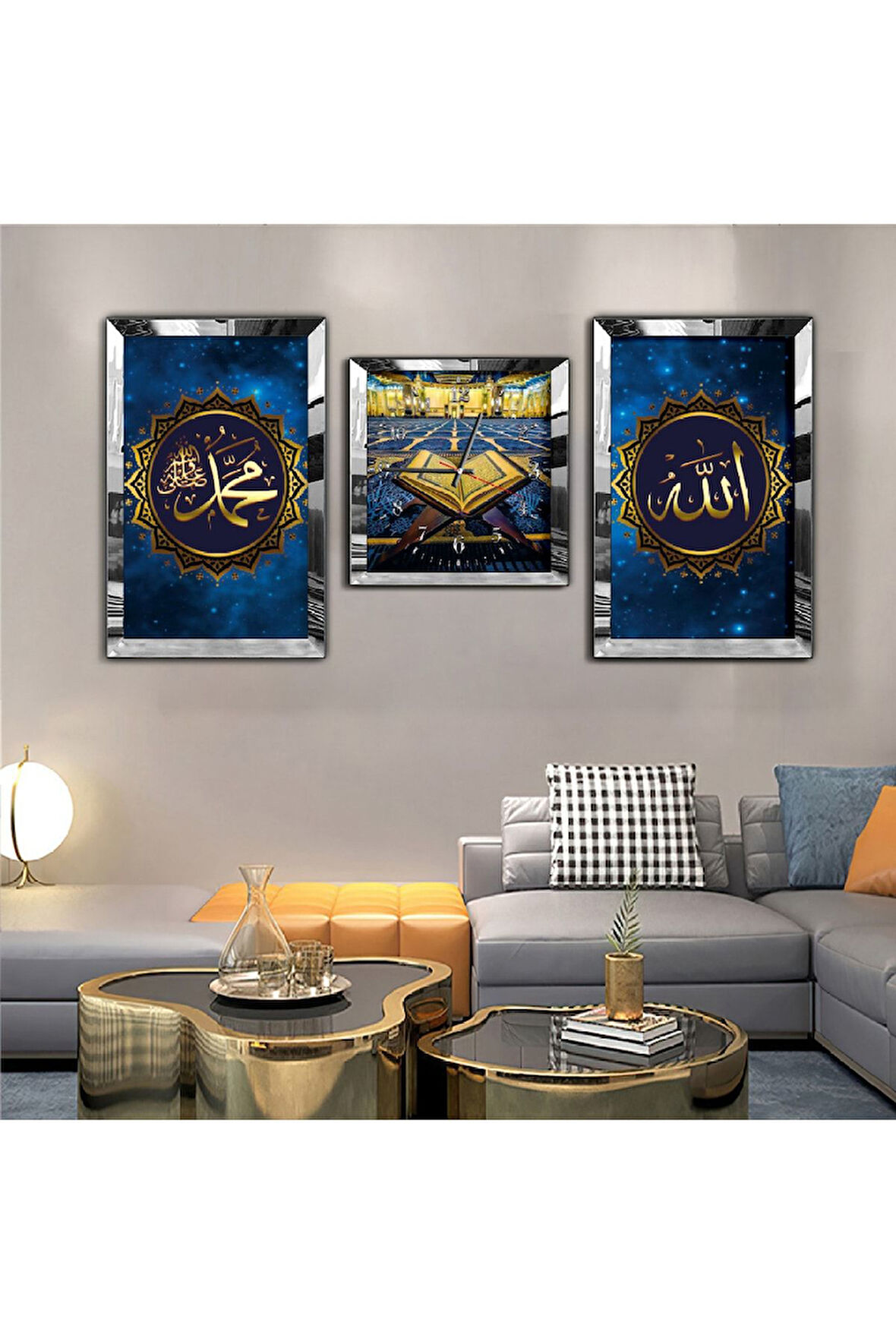 Gold Aynalı Pleksi Çerçeveli Hz Muhammed Ve Allah Lafzı Aynalı Li Üçlü Mdf Tablo Seti Ve Saat Seti