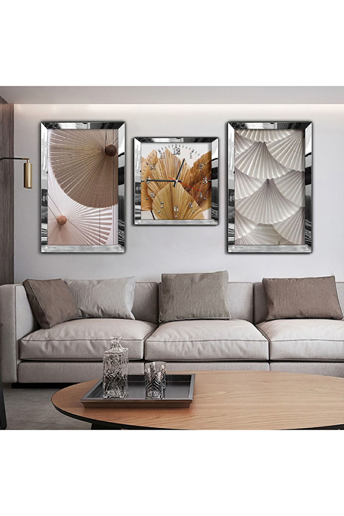 Gold Aynalı Pleksi Çerçeveli Altın Beyaz Renk Aynalı Li Üçlü Mdf Tablo Seti Ve Saat Seti