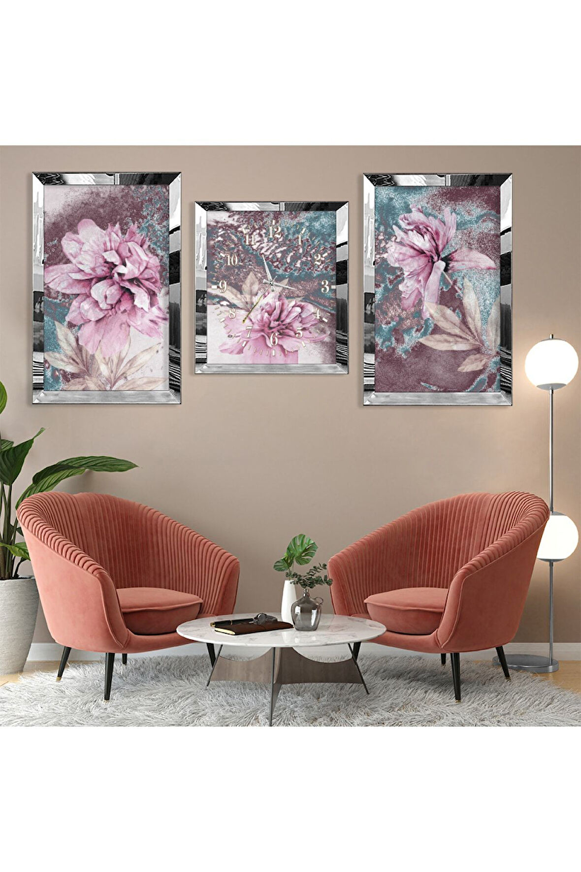 Gümüş Aynalı Pleksi Çerçeveli Mor Çiçek Üçlü Mdf Tablo Seti