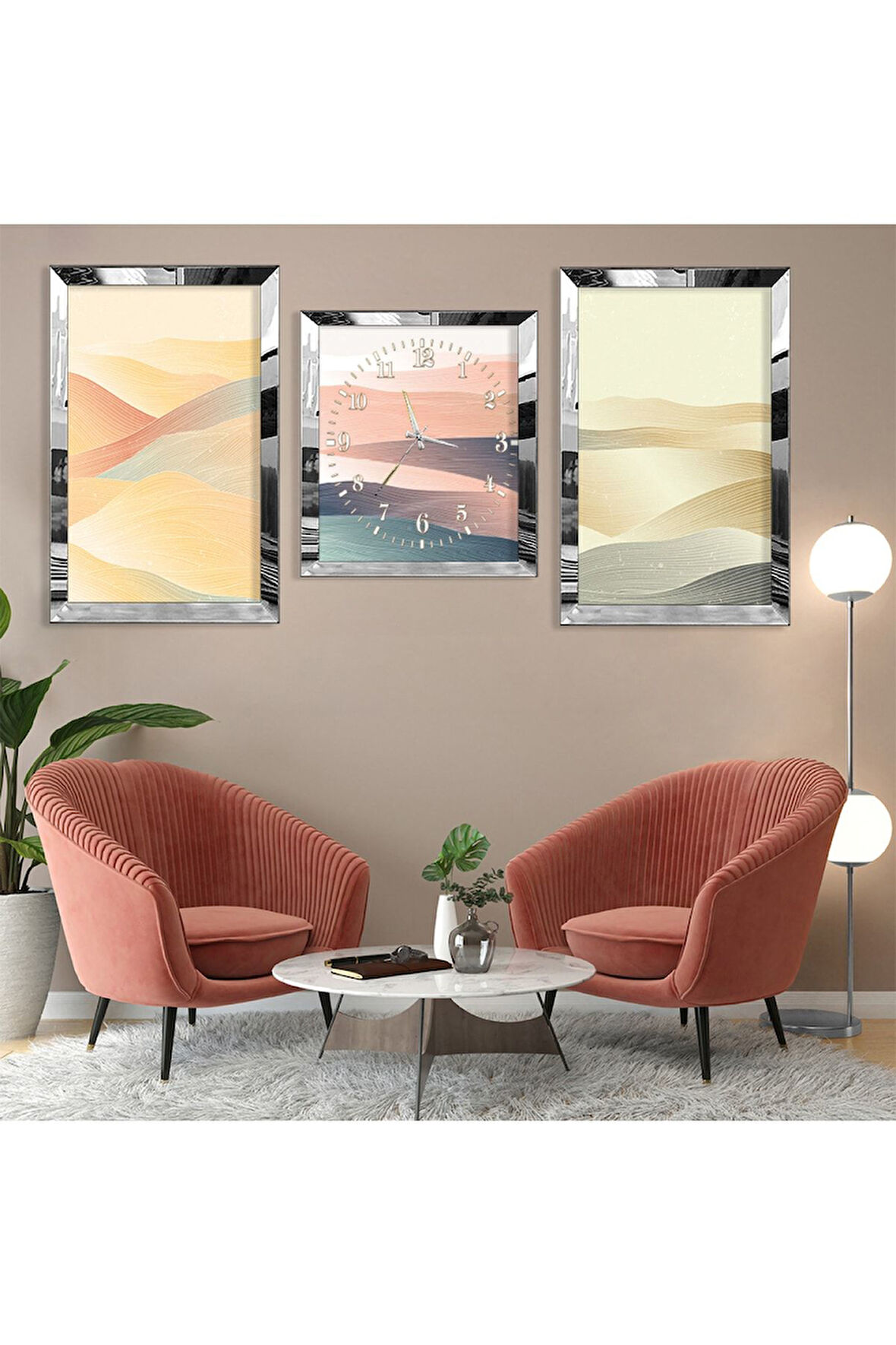 Gold Aynalı Pleksi Çerçeveli Üçlü Soyut Desen Kum Gold Üçlü Mdf Tablo Seti