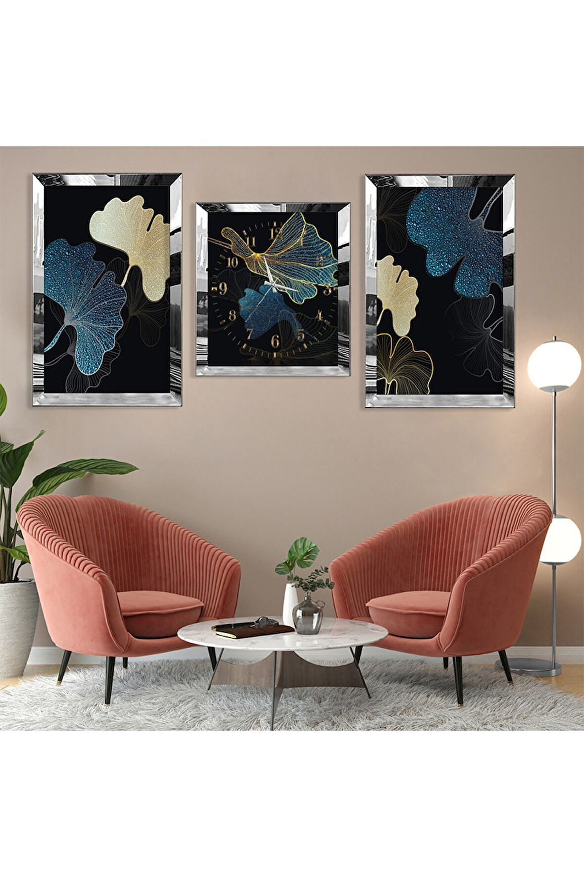 Soyut Desen Çiçek Gümüş Pleksi Kenar Üçlü Mdf Tablo Seti