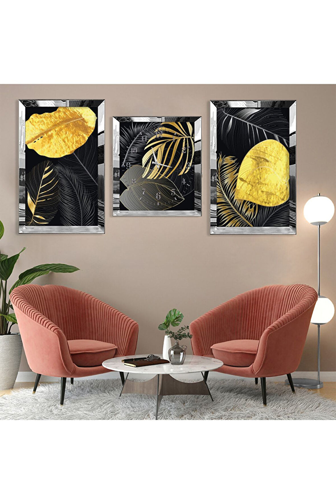 Soyut Desen Yaprak Gold Pleksi Kenar Üçlü Mdf Tablo Seti