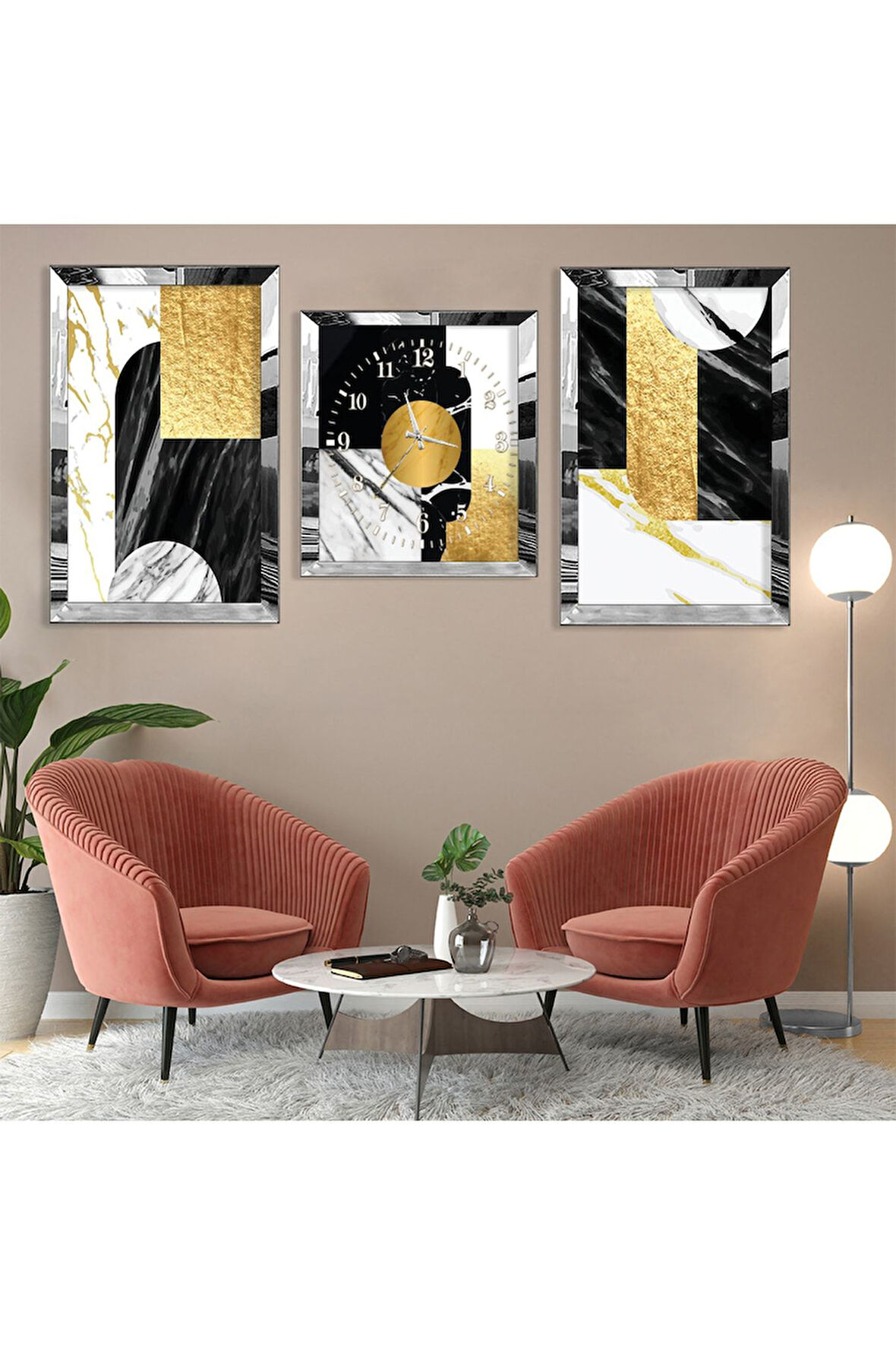 Soyut Desen Gümüş Pleksi Kenar Üçlü Mdf Tablo Seti