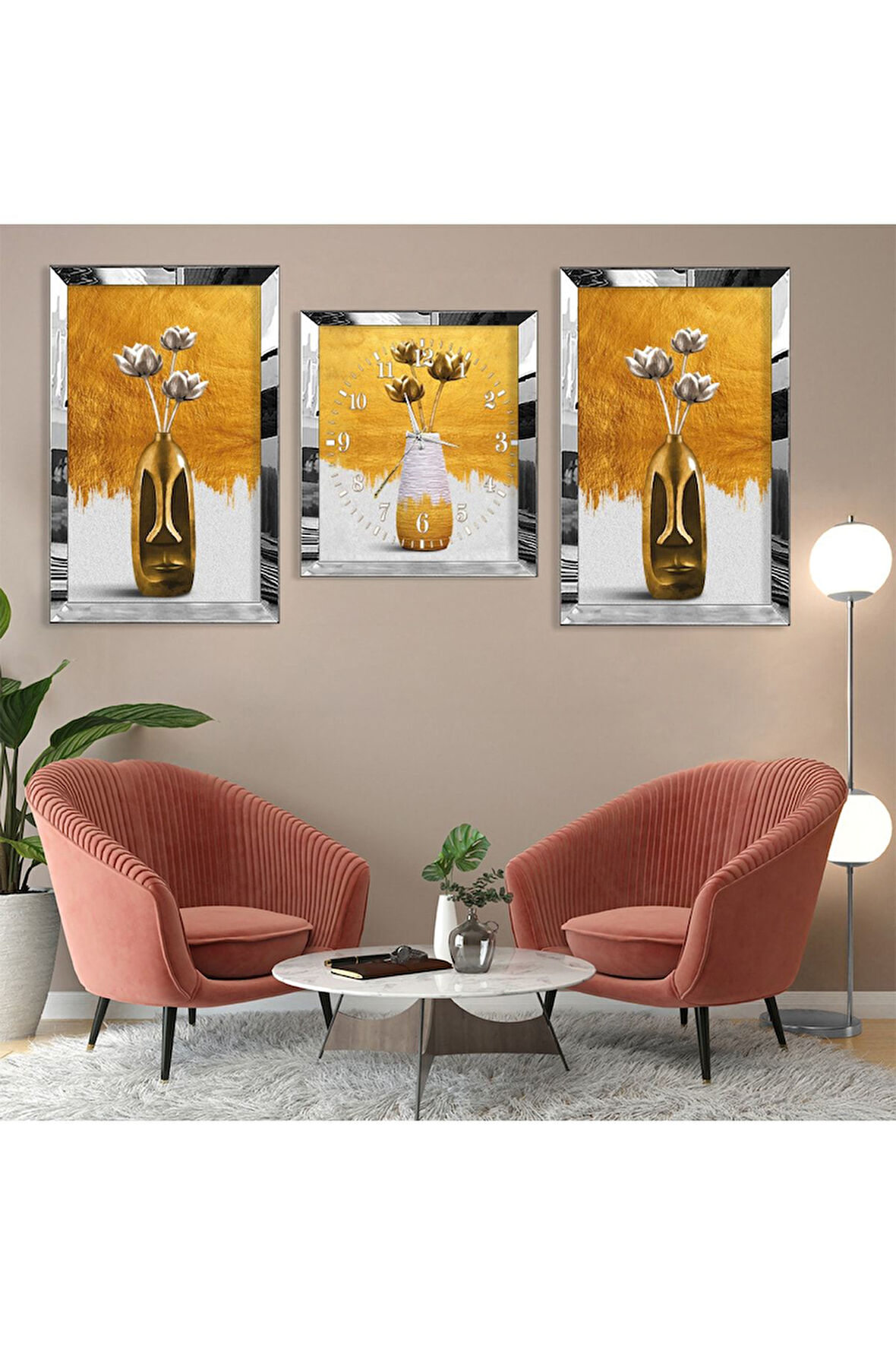 Vazolu Çiçek Soyut Desen Gold Pleksi Kenar Üçlü Mdf Tablo Seti