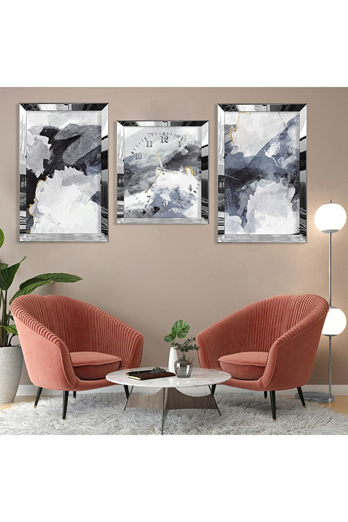 Soyut Desen Gold Pleksi Kenar Üçlü Mdf Tablo Seti