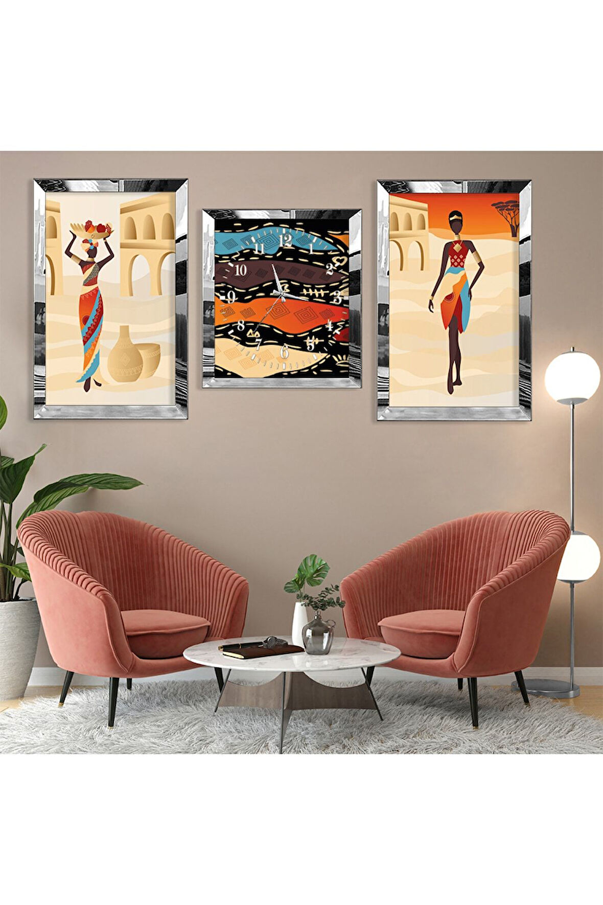 Mısır Medeniyeti Soyut Desen Gümüş Pleksi Kenar Üçlü Mdf Tablo Seti