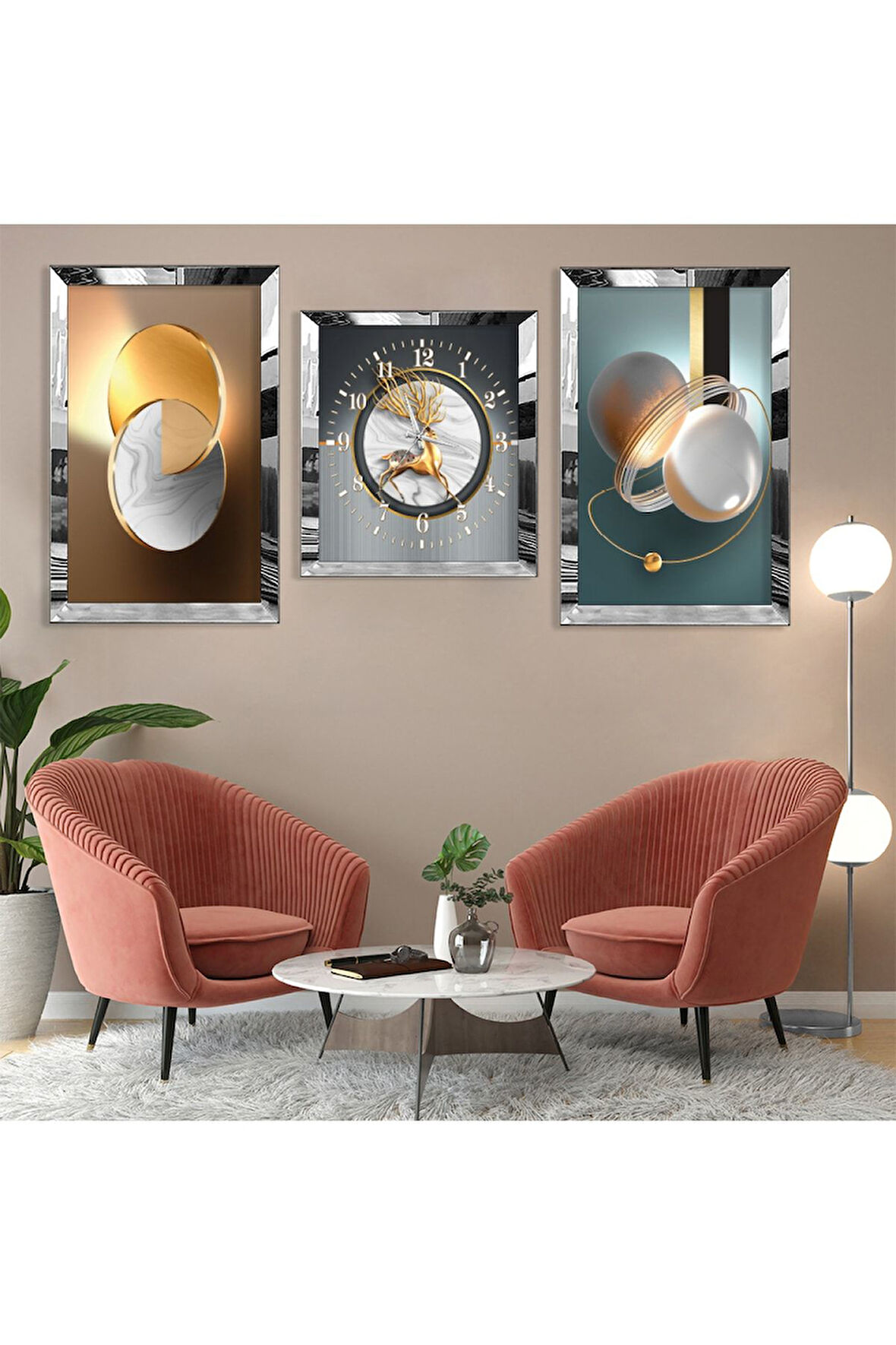 Geyik Soyut Desen Gold Pleksi Kenar Üçlü Mdf Tablo Seti