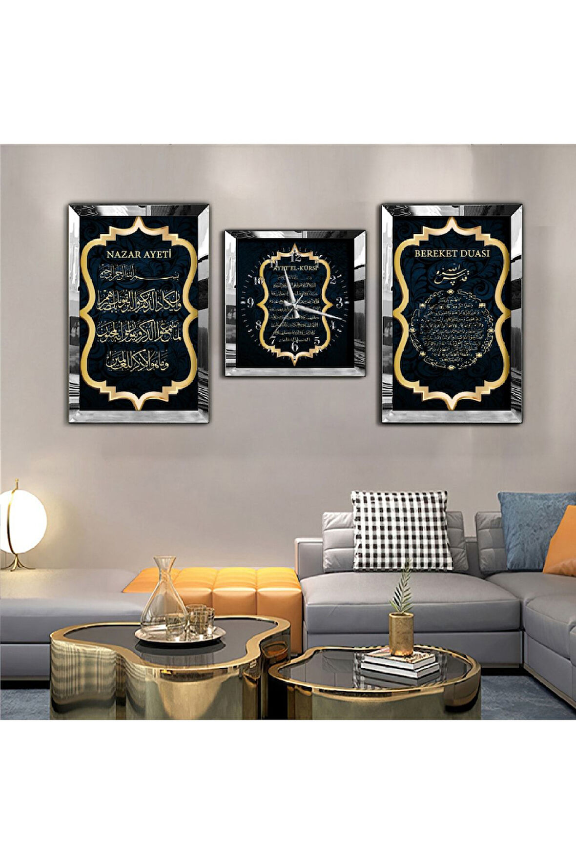 Gümüş Aynalı Pleksi Çerçeveli Ayetel Kürsi Aynalı Üçlü Mdf Tablo Seti Ve Saat Seti
