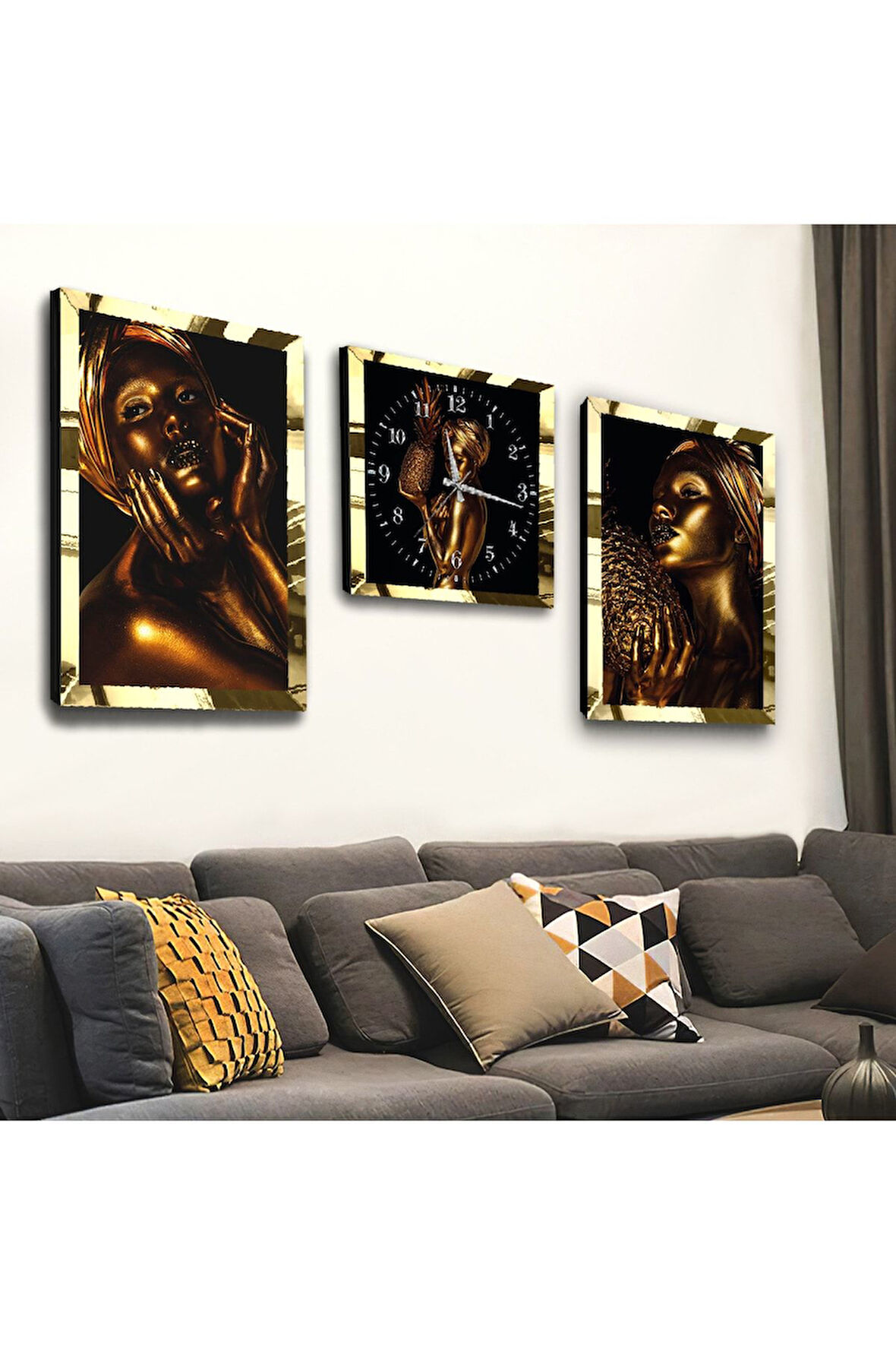 Gold Aynalı Pleksi Çerçeveli Altın Kız Üçlü Mdf Tablo Seti