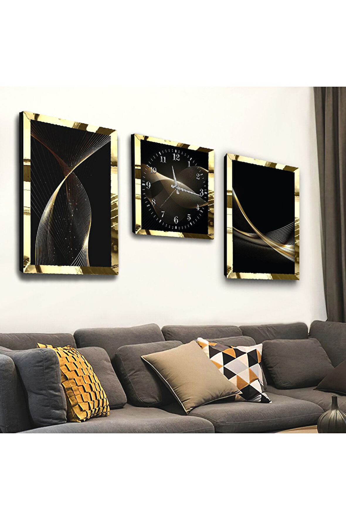Gold Aynalı Pleksi Çerçeveli Siyah Renk Üçlü Mdf Tablo Seti