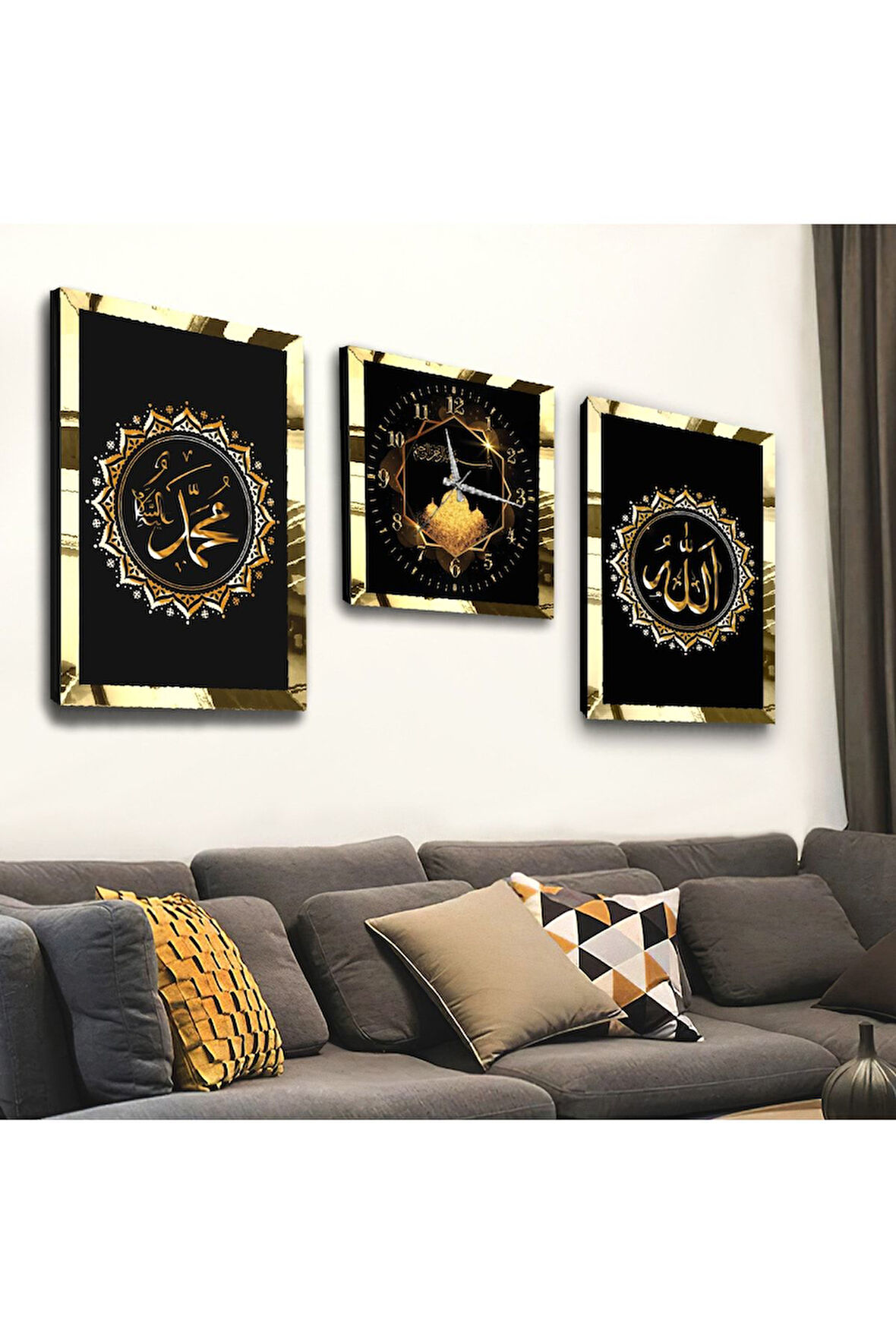 Gold Aynalı Pleksi Çerçeveli Hz Muhammed Ve Allah Lafzı Dini Üçlü Mdf Tablo Seti