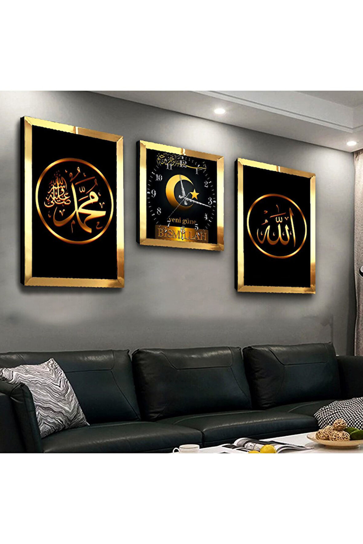 Gümüş Aynalı Pleksi Çerçeveli Hz Muhammed Ve Allah Lafzı Üçlü Mdf Tablo Seti Ve Saat Seti
