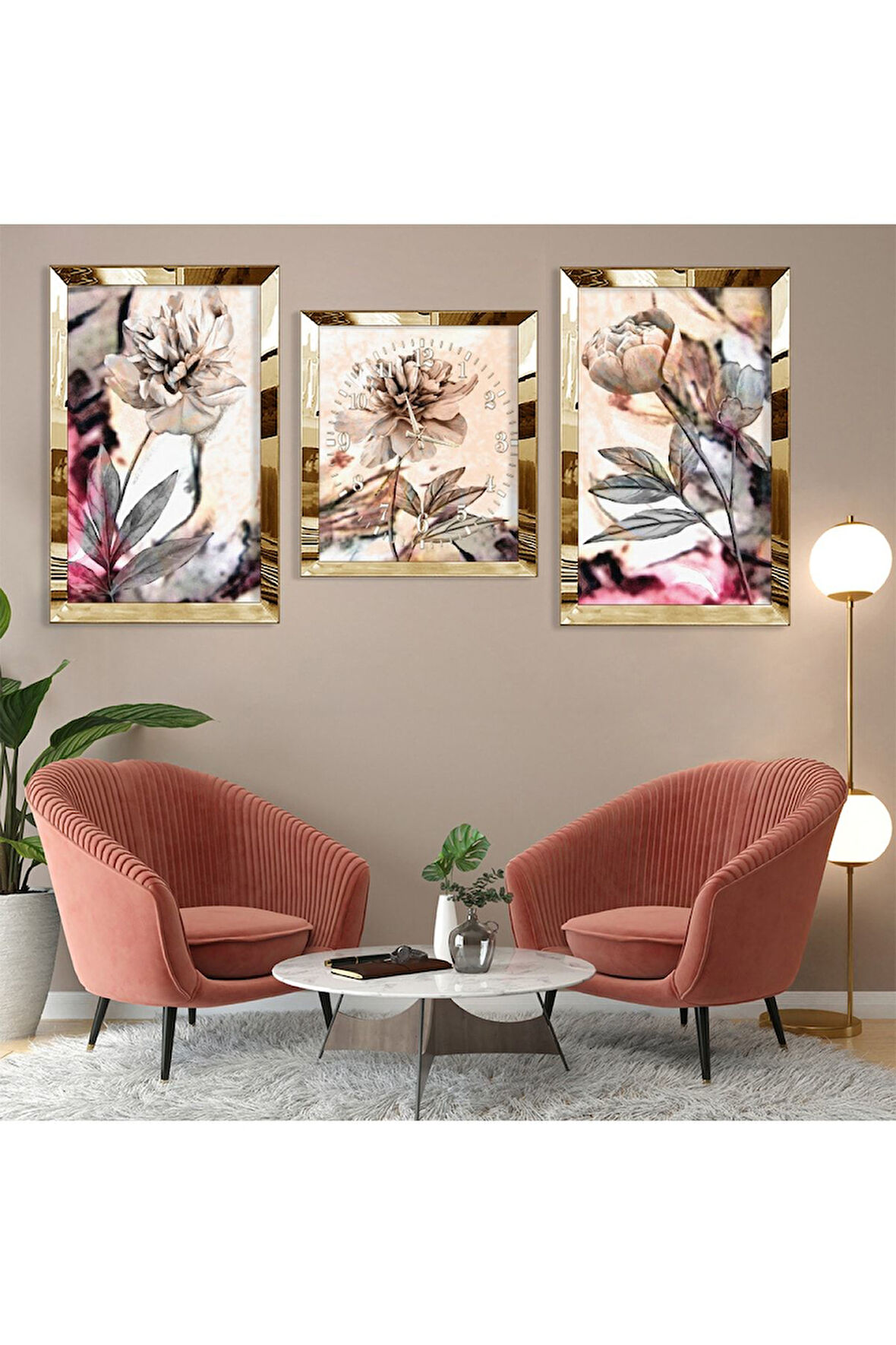 Soyut Desen Çiçek Gold Pleksi Kenar Üçlü Mdf Tablo Seti