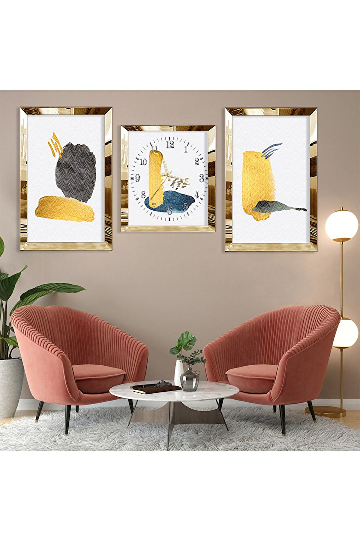 Soyut Desen Şekiller Gold Pleksi Kenar Üçlü Mdf Tablo Seti