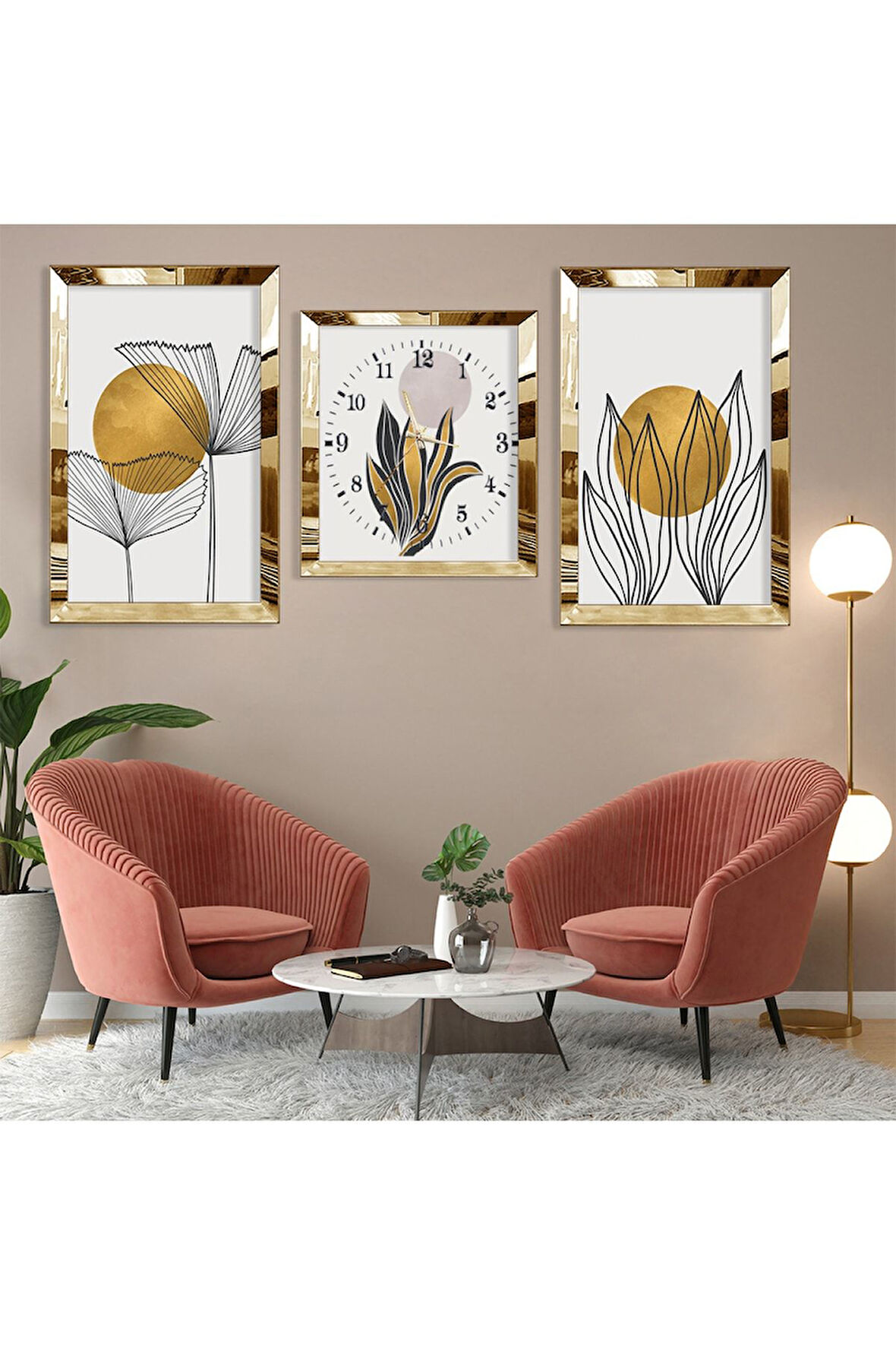 Soyut Desen Bitki Ve Güneş Gümüş Pleksi Kenar Üçlü Mdf Tablo Seti