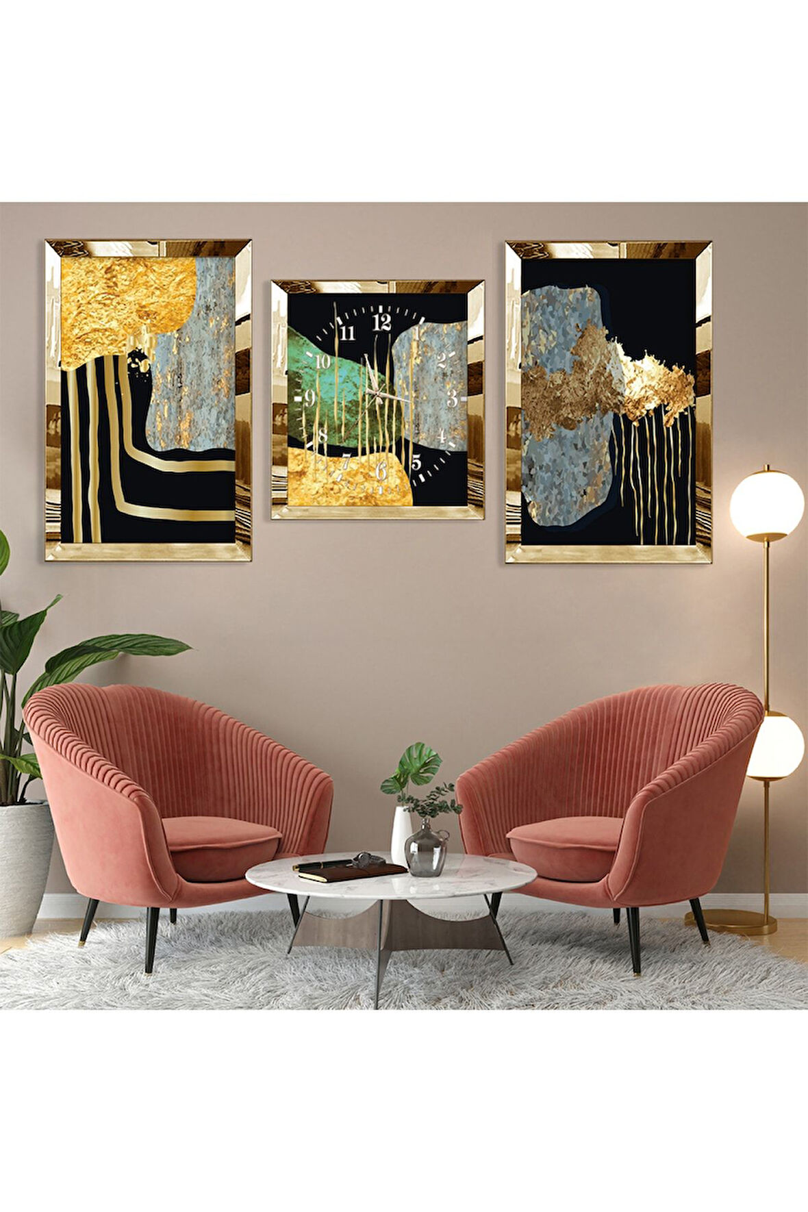 Soyut Desen Yaprak Gold Pleksi Kenar Üçlü Mdf Tablo Seti