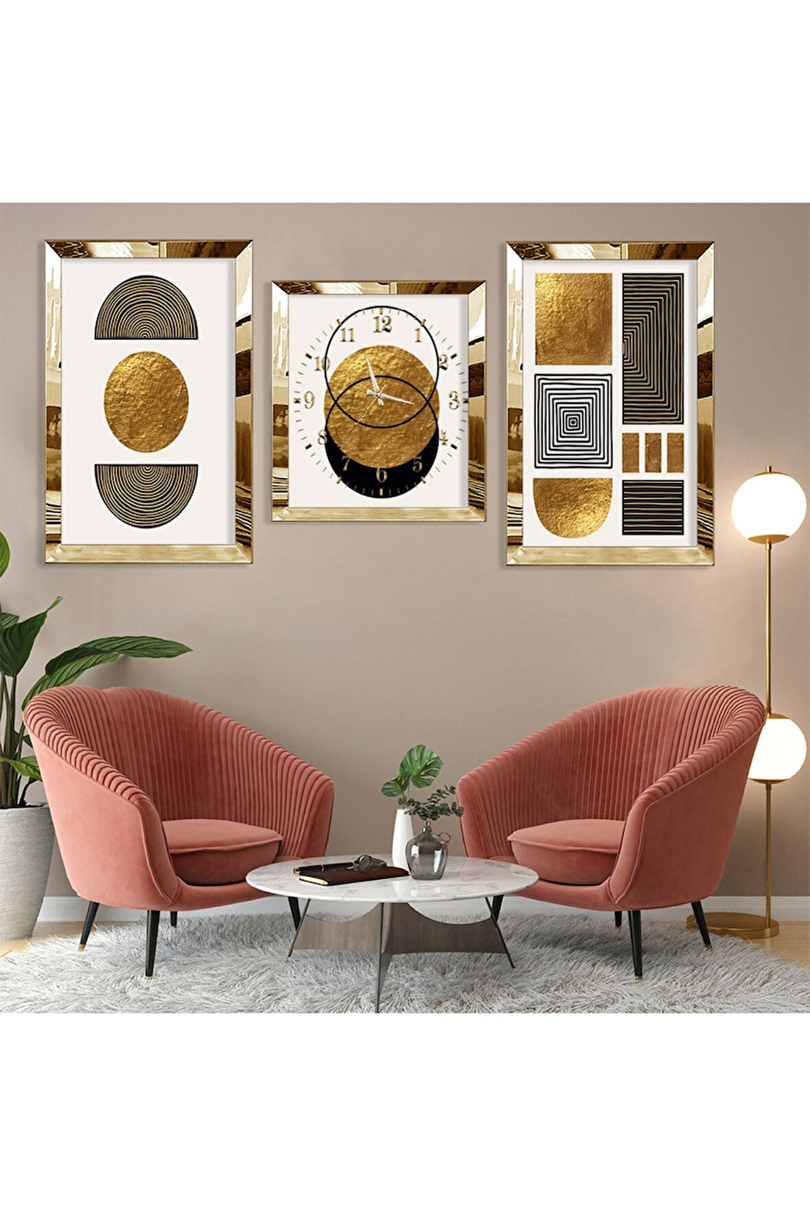 Soyut Desen Şekiller Gold Pleksi Kenar Üçlü Mdf Tablo Seti