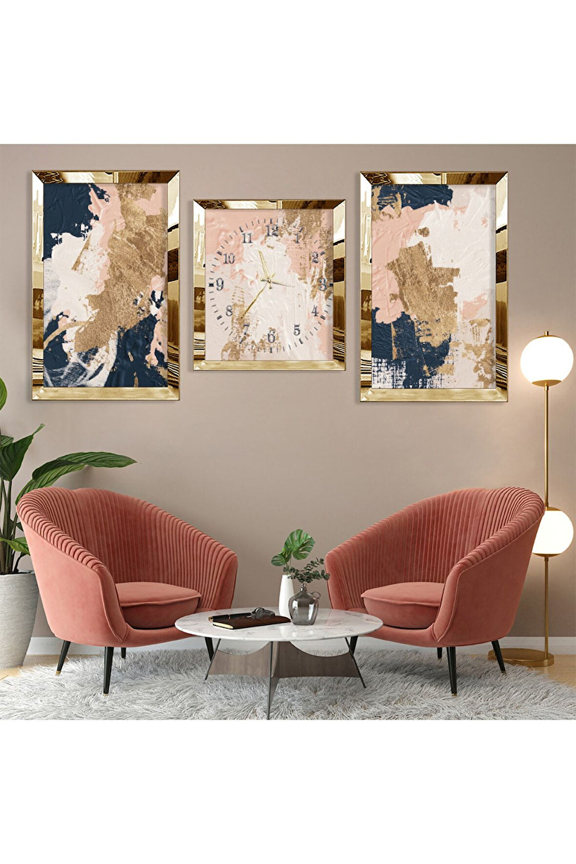 Soyut Desen Boya Gold Pleksi Kenar Üçlü Mdf Tablo Seti