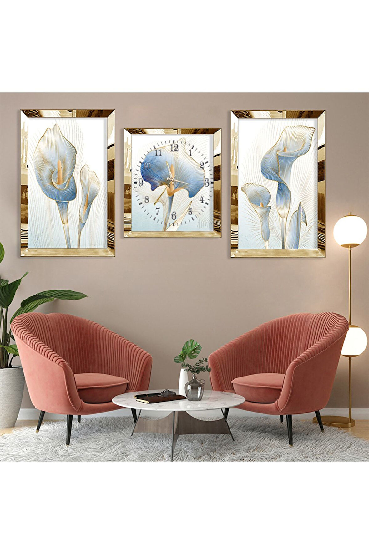 Çiçek Soyut Desen Gold Pleksi Kenar Üçlü Mdf Tablo Seti