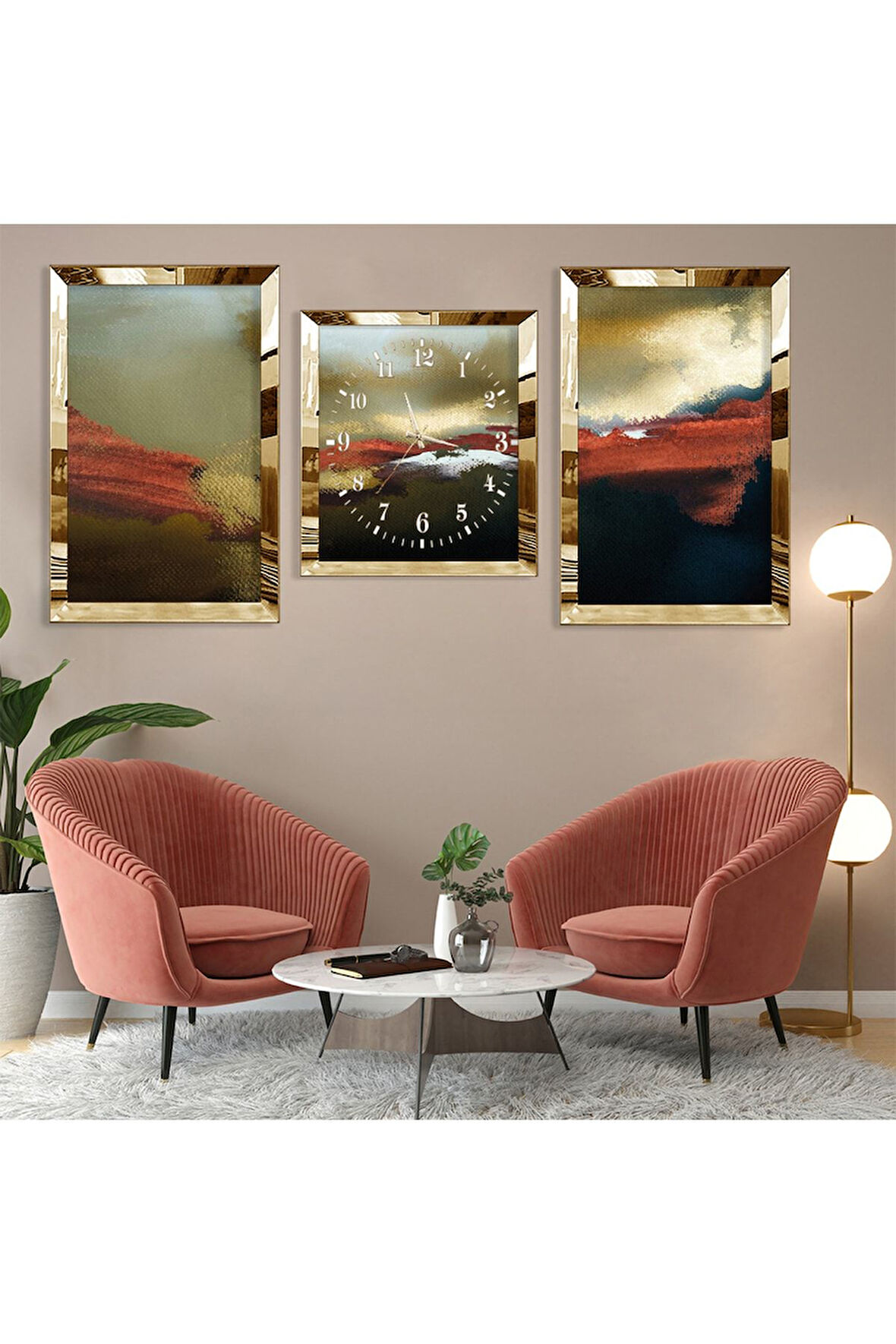 Soyut Desen Gold Pleksi Kenar Üçlü Mdf Tablo Seti