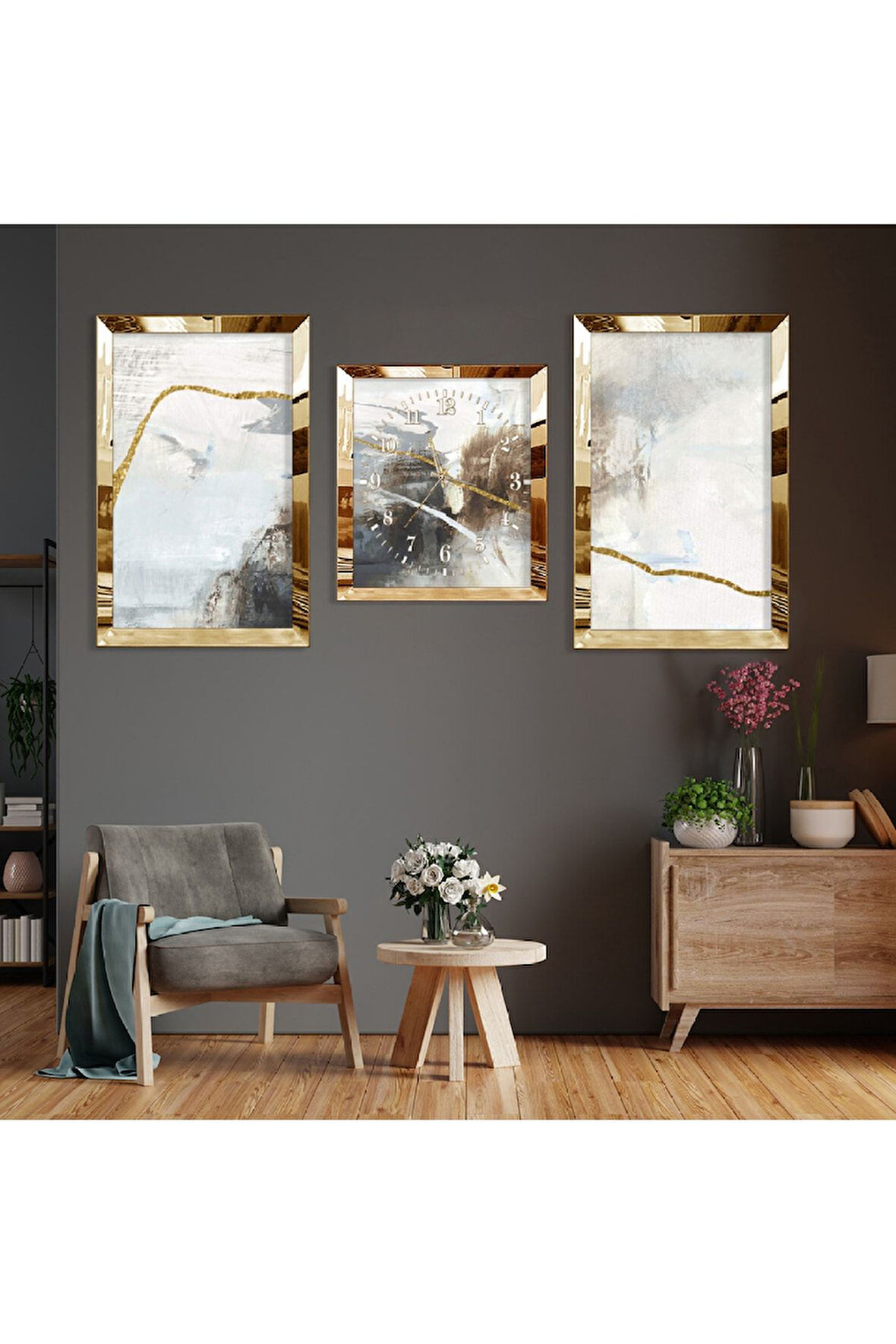 Soyut Desen Gold Pleksi Kenar Üçlü Mdf Tablo Seti Ve Saat Seti