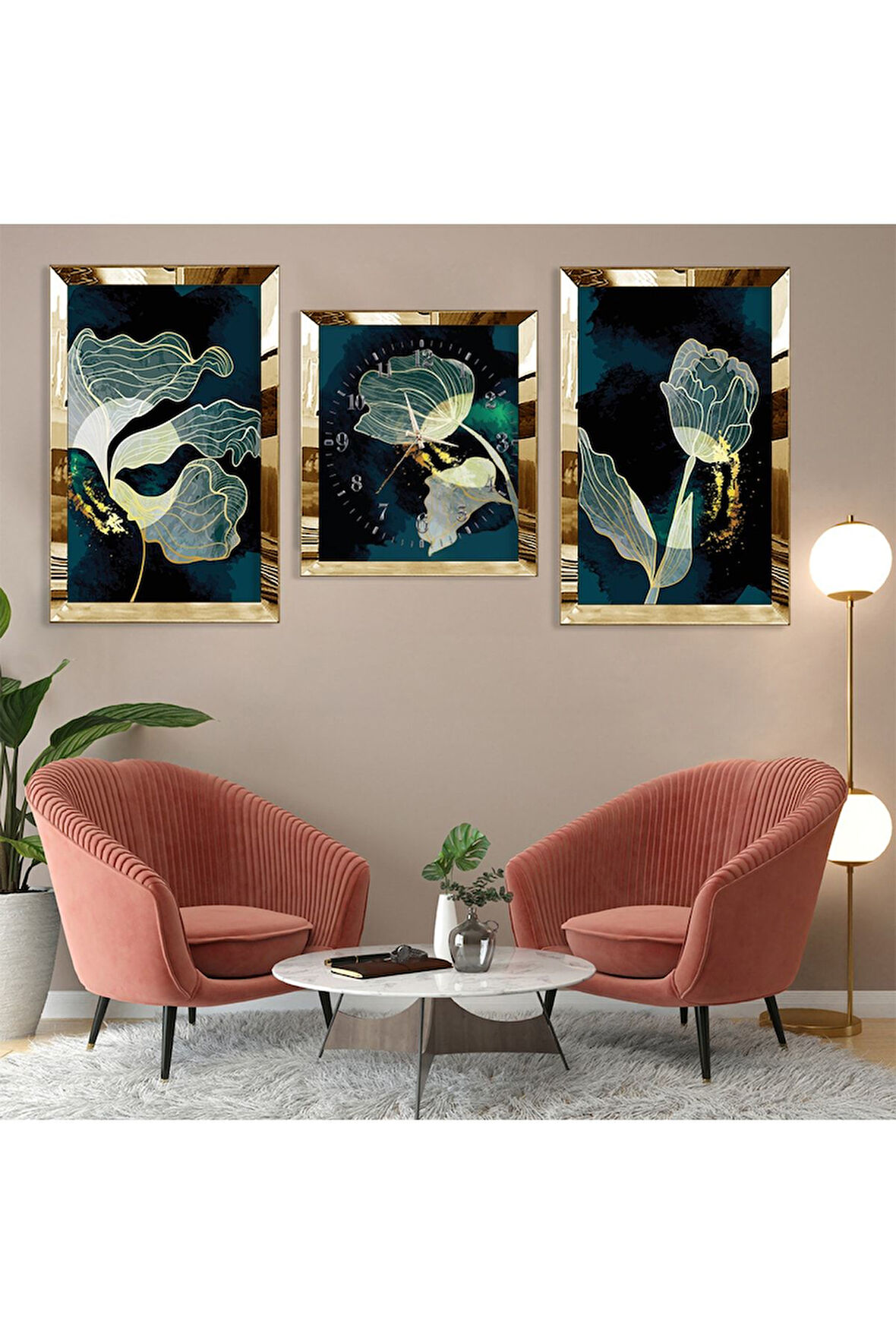 Bitki Soyut Desen Gümüş Pleksi Kenar Üçlü Mdf Tablo Seti