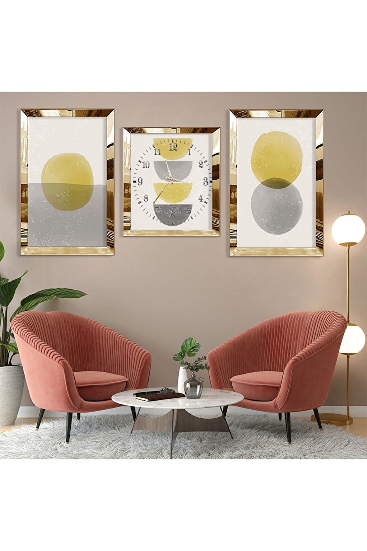 Şekiller Soyut Desen Gold Pleksi Kenar Üçlü Mdf Tablo Seti