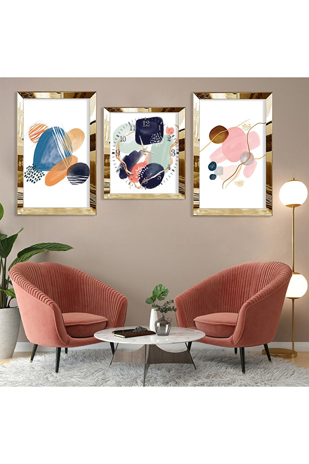 Şekiller Soyut Desen Gold Pleksi Kenar Üçlü Mdf Tablo Seti