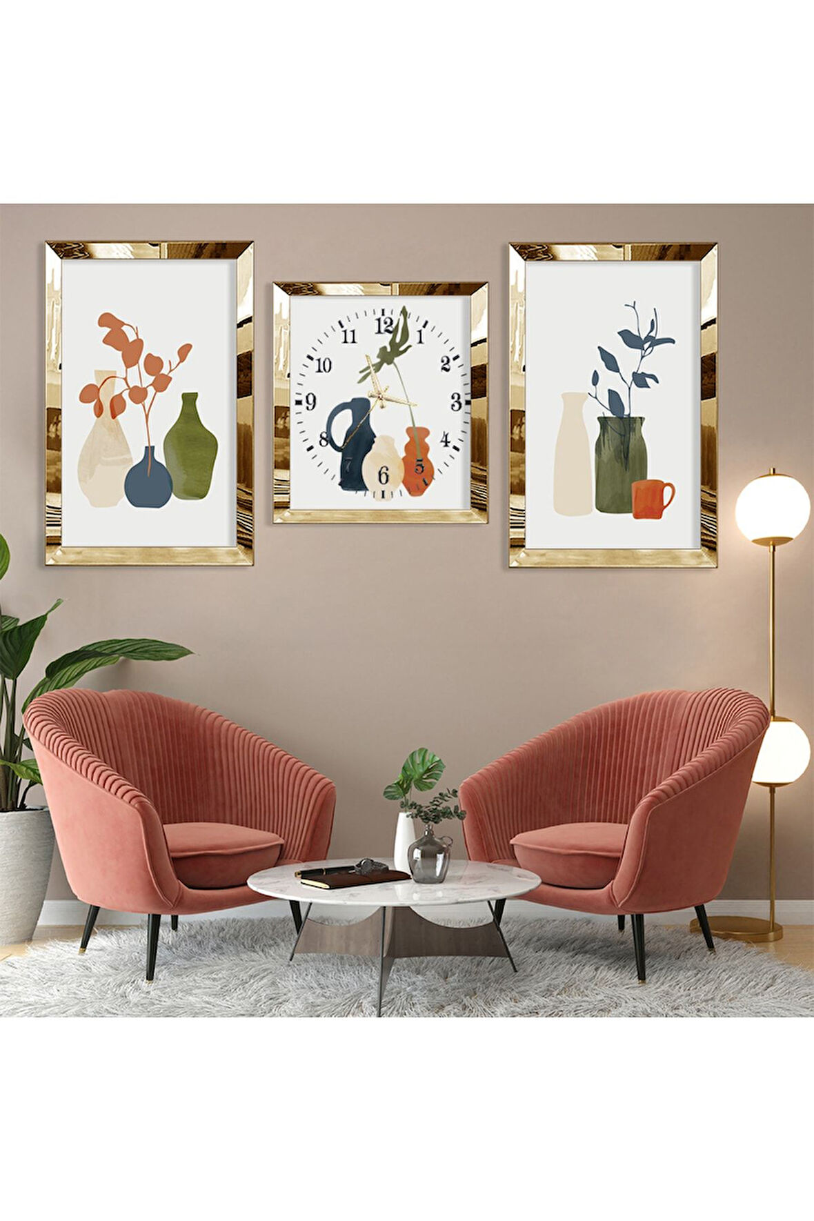 Minimalist Soyut Desen Gold Pleksi Kenar Üçlü Mdf Tablo Seti